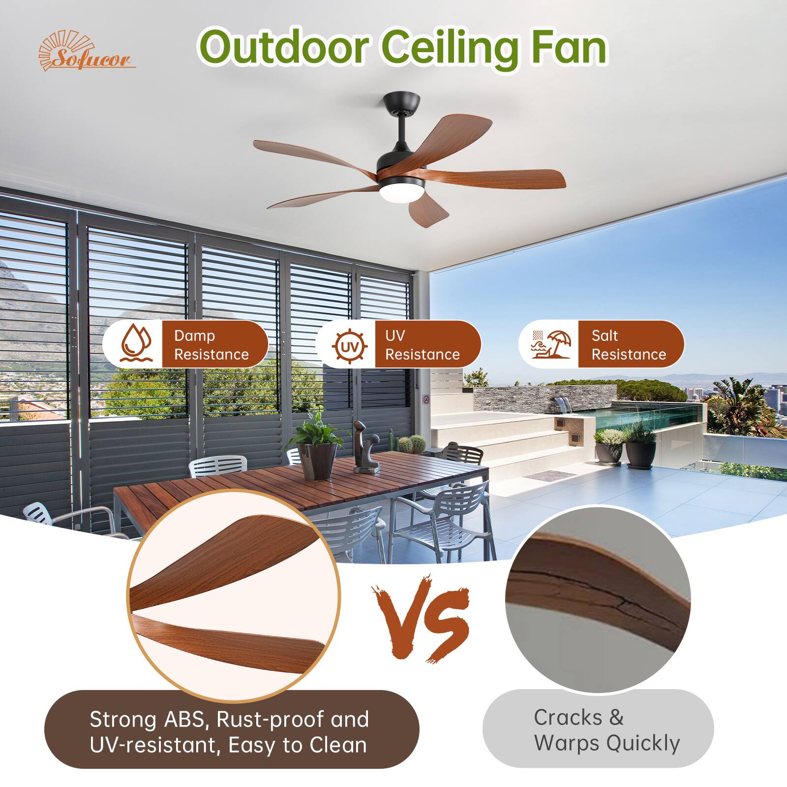 Outdoor Ceiling Fan

- Damp Resistance
- UV Resistance
- Salt Resistance

Strong ABS, Rust-proof and UV-resistant, Easy to Clean

VS

Cracks & Warps Quickly