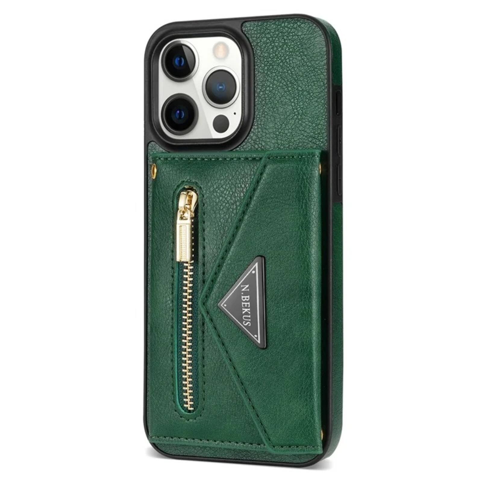 Angle. UUCOVER - Wallet Case for Apple iPhone 16 Pro Max with Card Slots Holder, Zipper Pocket and Shoulder Strap, Flip Kickstand Cover - Green.