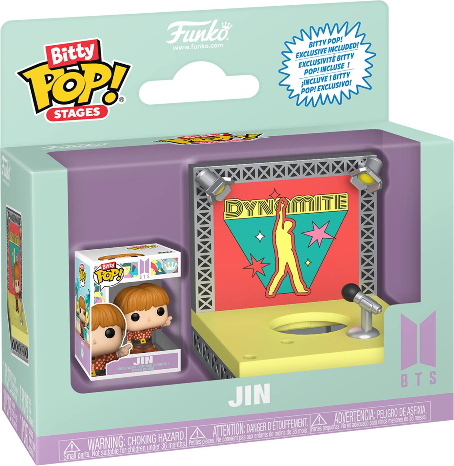 Sure, here is the corrected and grouped text from the image:

---

**Funko**  
www.funko.com

**Bitty POP! STAGES**

**BITTY POP! EXCLUSIVE INCLUDED!**  
EXCLUSIVITÉ BITTY POP! INCLUSE!  
¡INCLUYE 1 BITTY POP! EXCLUSIVO!

**DYNAMITE**

**JIN**

**BTS**

**WARNING: CHOKING HAZARD**  
Small parts. Not suitable for children under 36 months.

**ATTENTION: DANGER D'ÉTOUFFEMENT.**  
Petites pièces. Ne convient pas aux enfants de moins de 36 mois.

**ADVERTENCIA: PELIGRO DE ASFIXIA.**  
Partes pequeñas. No es adecuado para niños menores de 36 meses.

---
