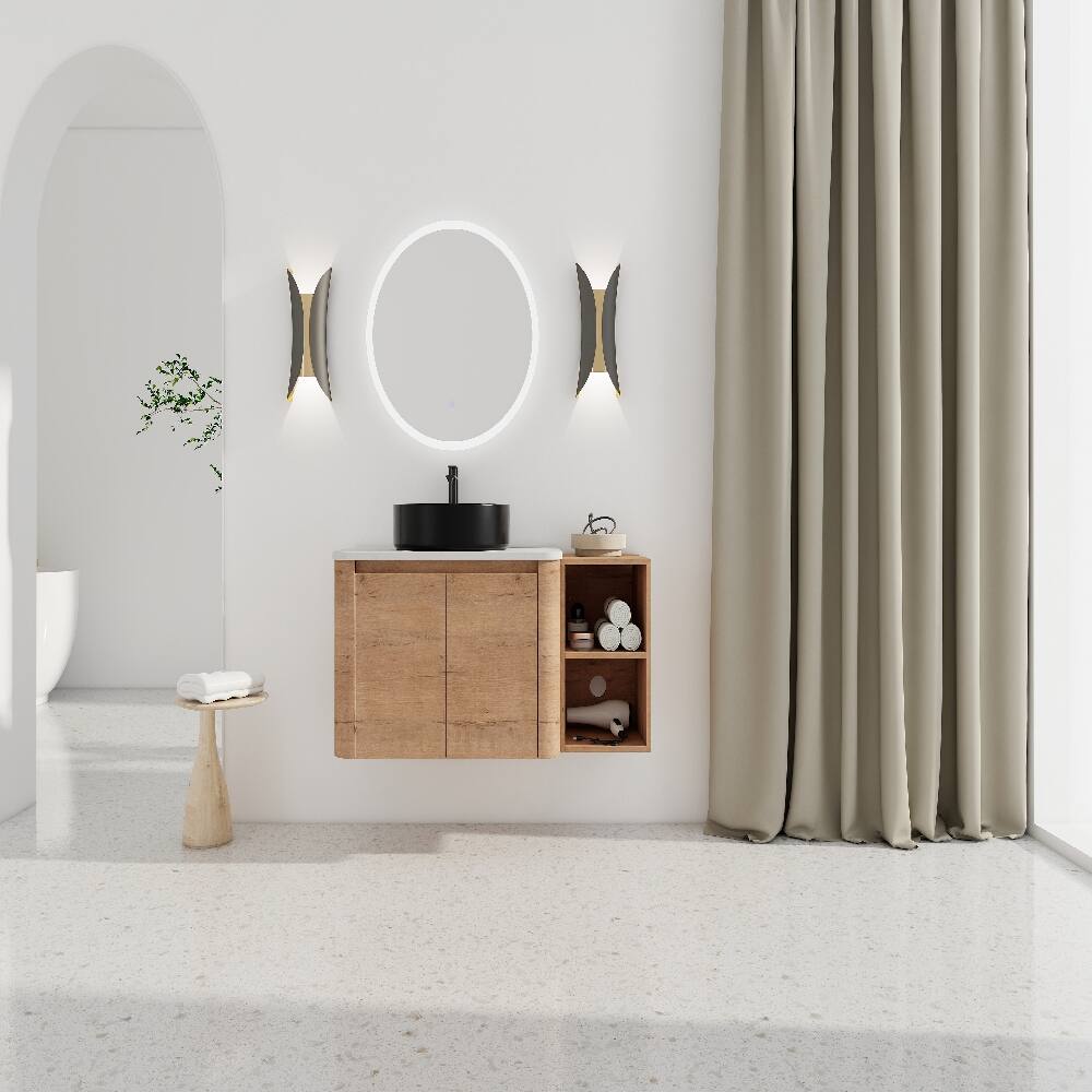 Left. Loheer - Loheer 42 inch wall mounted bathroom vanity with ceramic art vessel sink, imitative oak floating vanity - Imitative Oak.