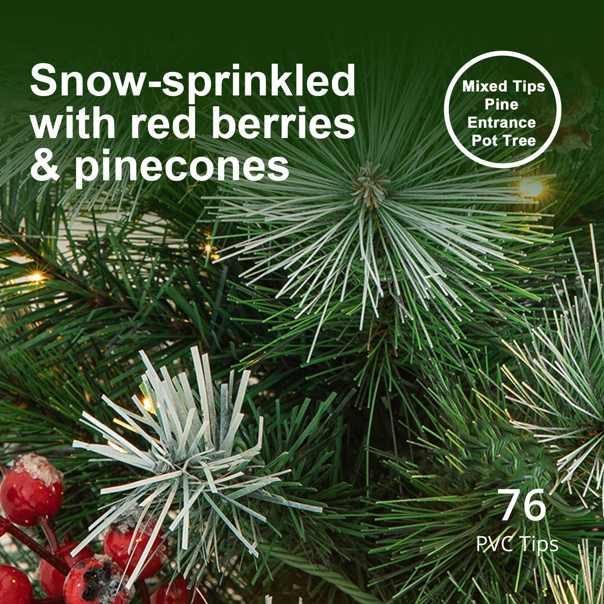 Snow-sprinkled Mixed Pine Tips with red berries & pinecones  
76 PVC Tips