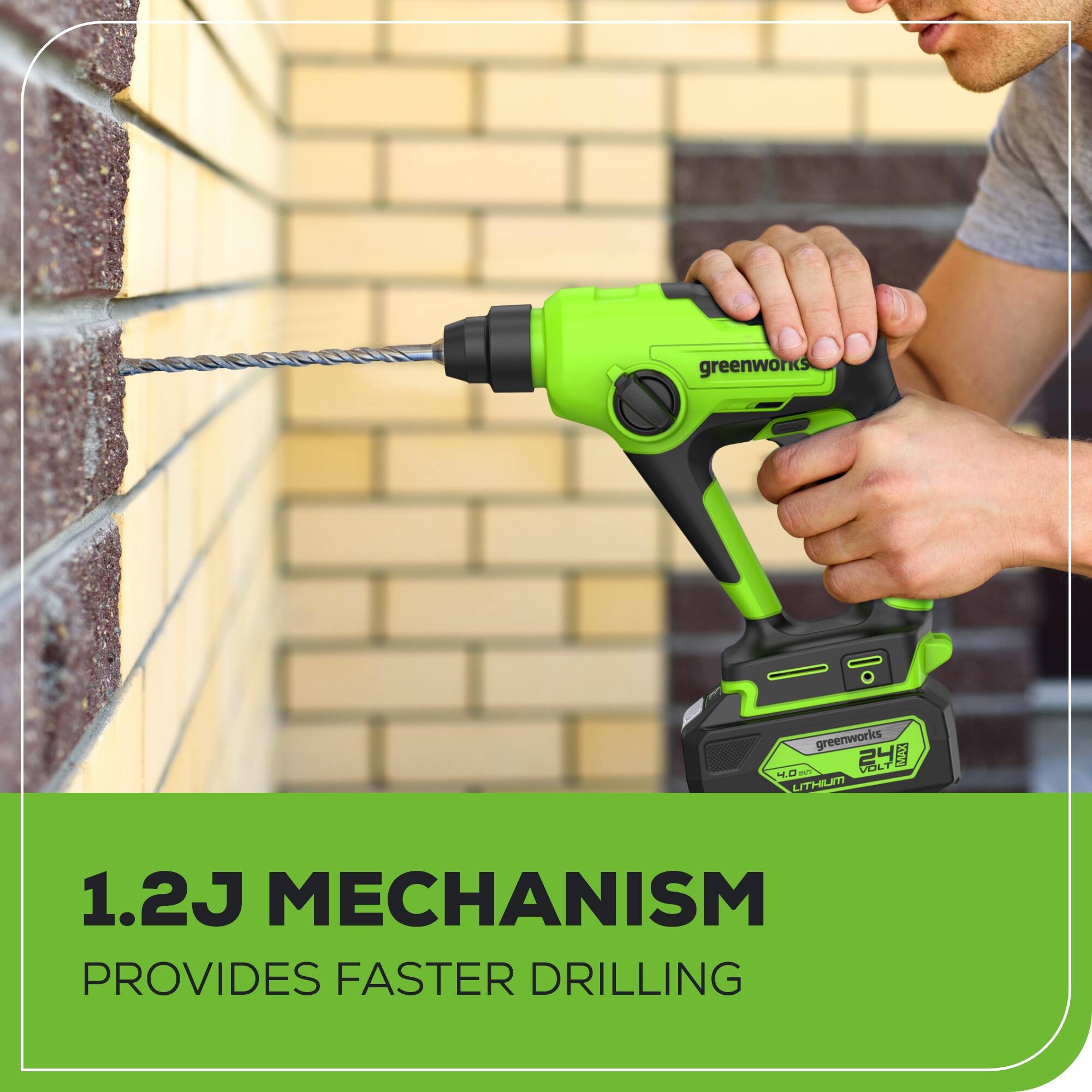 greenworks - greenworks MMAX 24VOLT LITHIUM 1.2J MECHANISM PROVIDES FASTER DRILLING