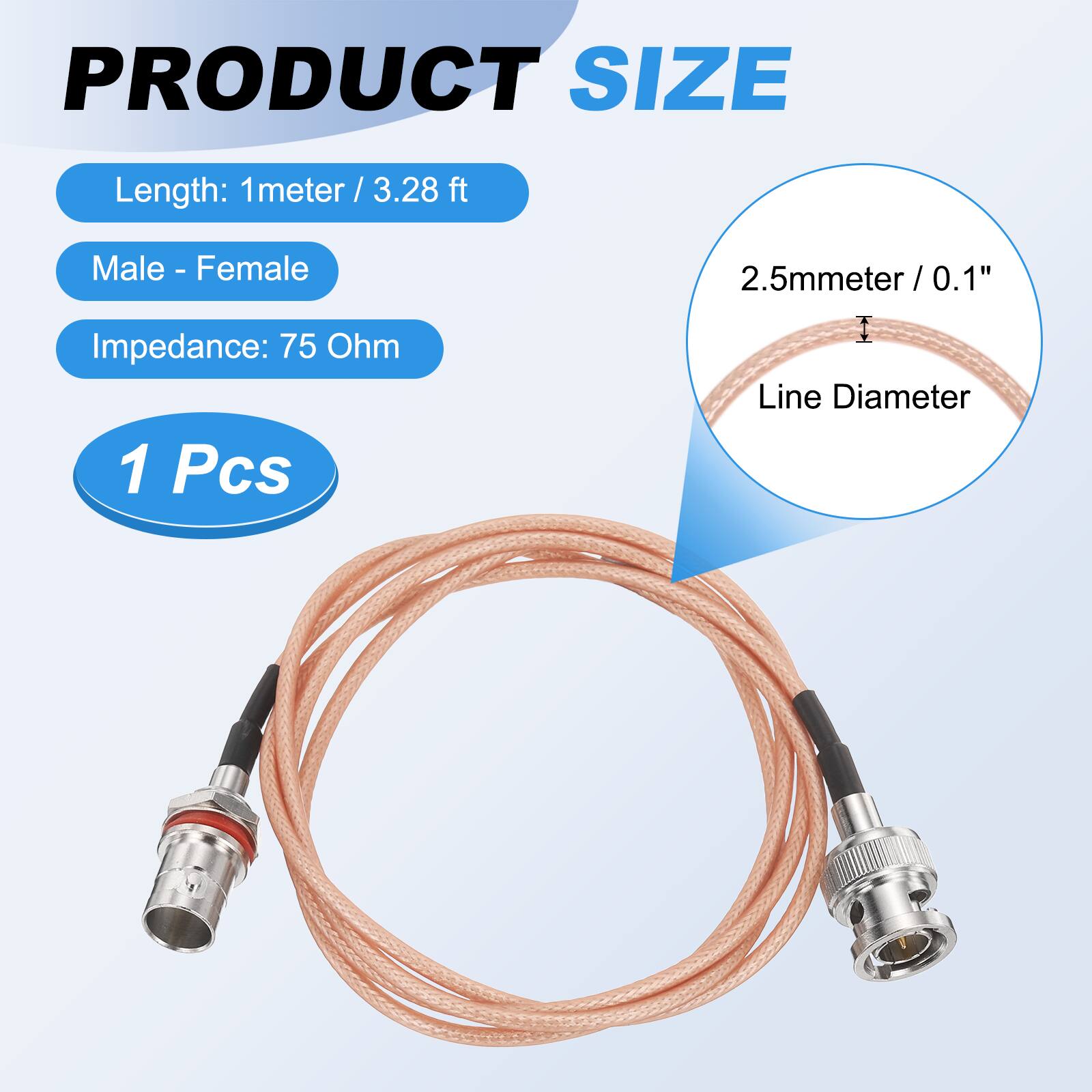 PRODUCT SIZE

- Length: 1 meter / 3.28 ft
- Male - Female
- Impedance: 75 Ohm
- 1 Pcs

2.5mm / 0.1" Line Diameter