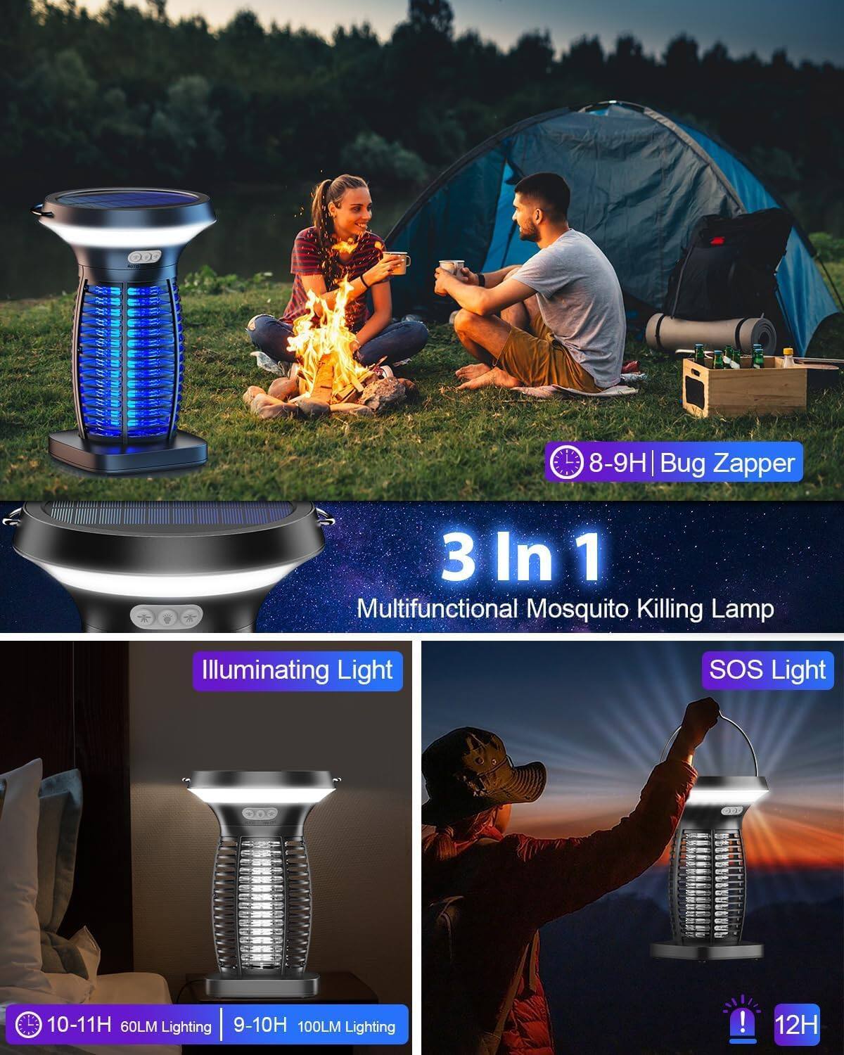 Bug Zapper 3 In 1 Multifunctional Mosquito Killing Lamp

- 8-9H | Bug Zapper
- 10-11H | 60LM Lighting
- 9-10H | 100LM Lighting
- 12H | SOS Light

Illuminating Light
SOS Light