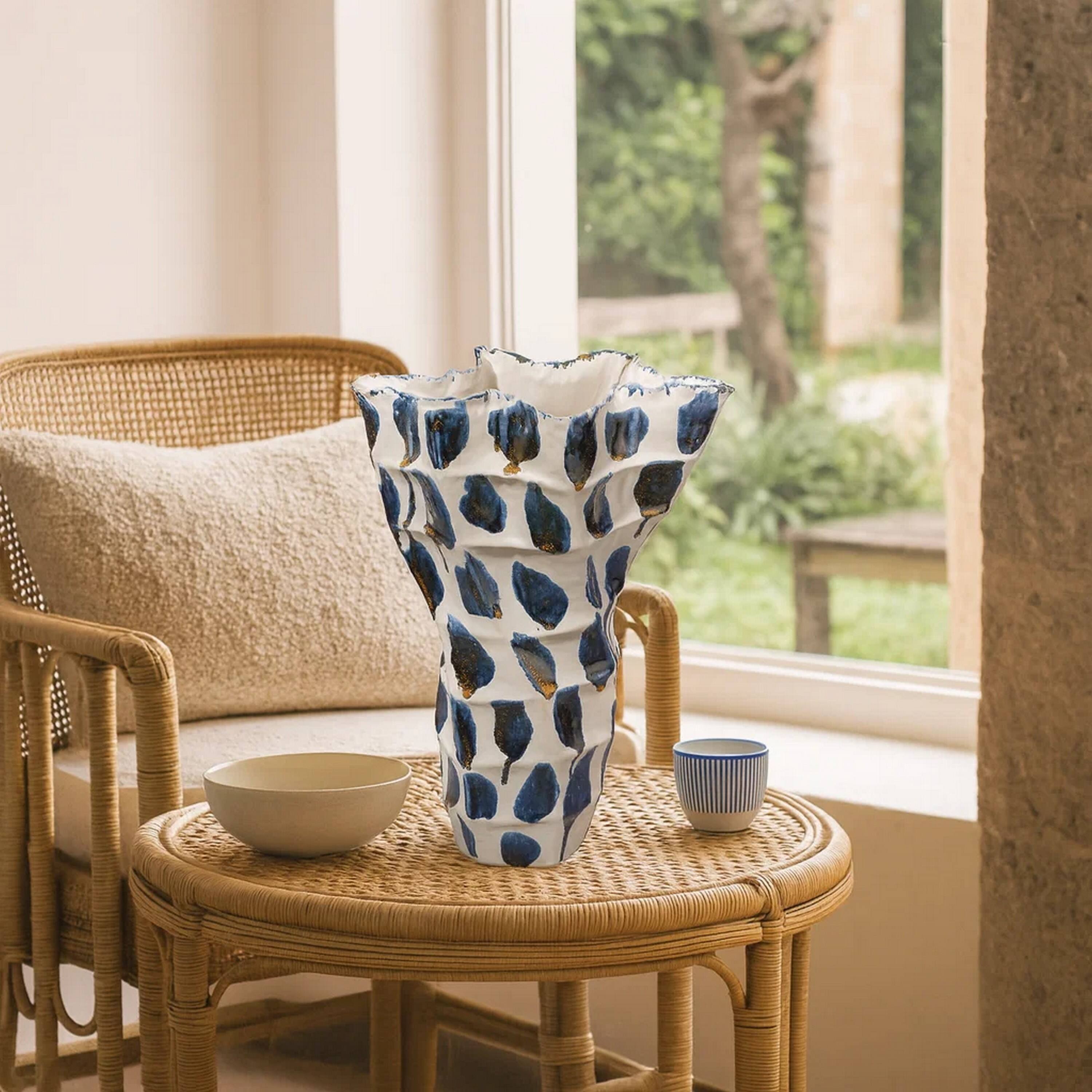 Alt View 2. Manhattan Lane - Nery Decorative Vase,   Patchwork Ceramic, Ruffled Edge - Blue, White.