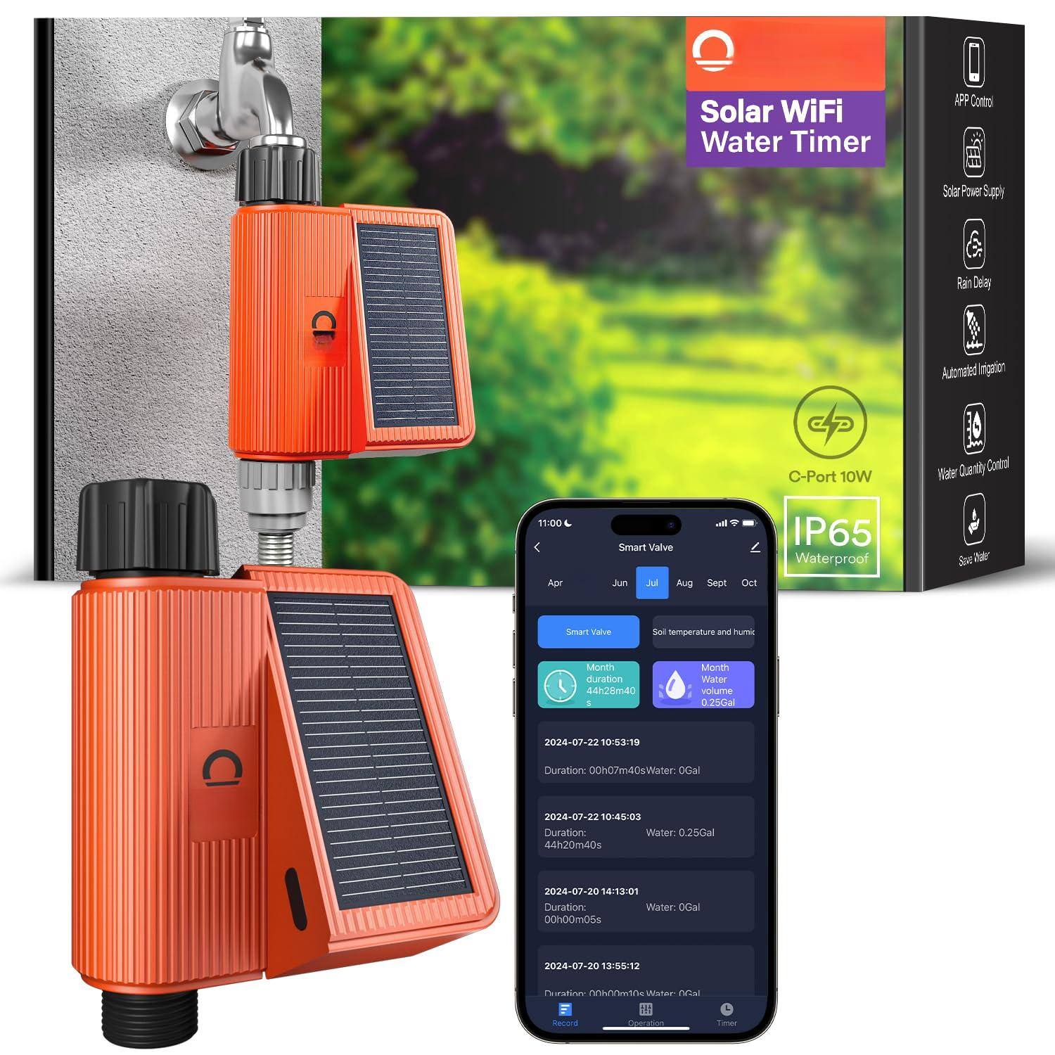 JETRANSPORT - Solar Wifi Sprinkler Timer 4 Zone W/water Flow Meter Smart Water For Garden Hose W/adjustable 90° Panel App A - 1-Port Solar Smart Sprinkler Timer w/ Brass