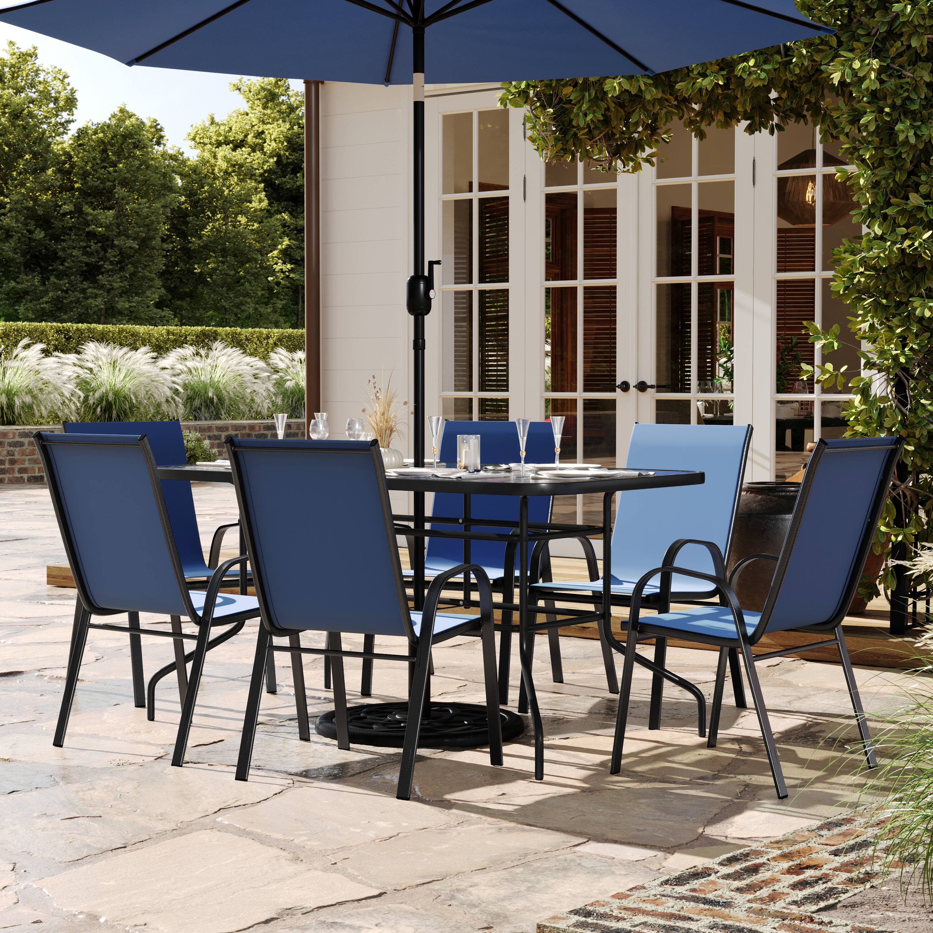 Alt View 1. Flash Furniture - Brazos 7 Piece Outdoor Patio Dining Set - 55" Tempered Glass Patio Table with Umbrella Hole, 6 Navy Flex Comfort Stack C - Blue.