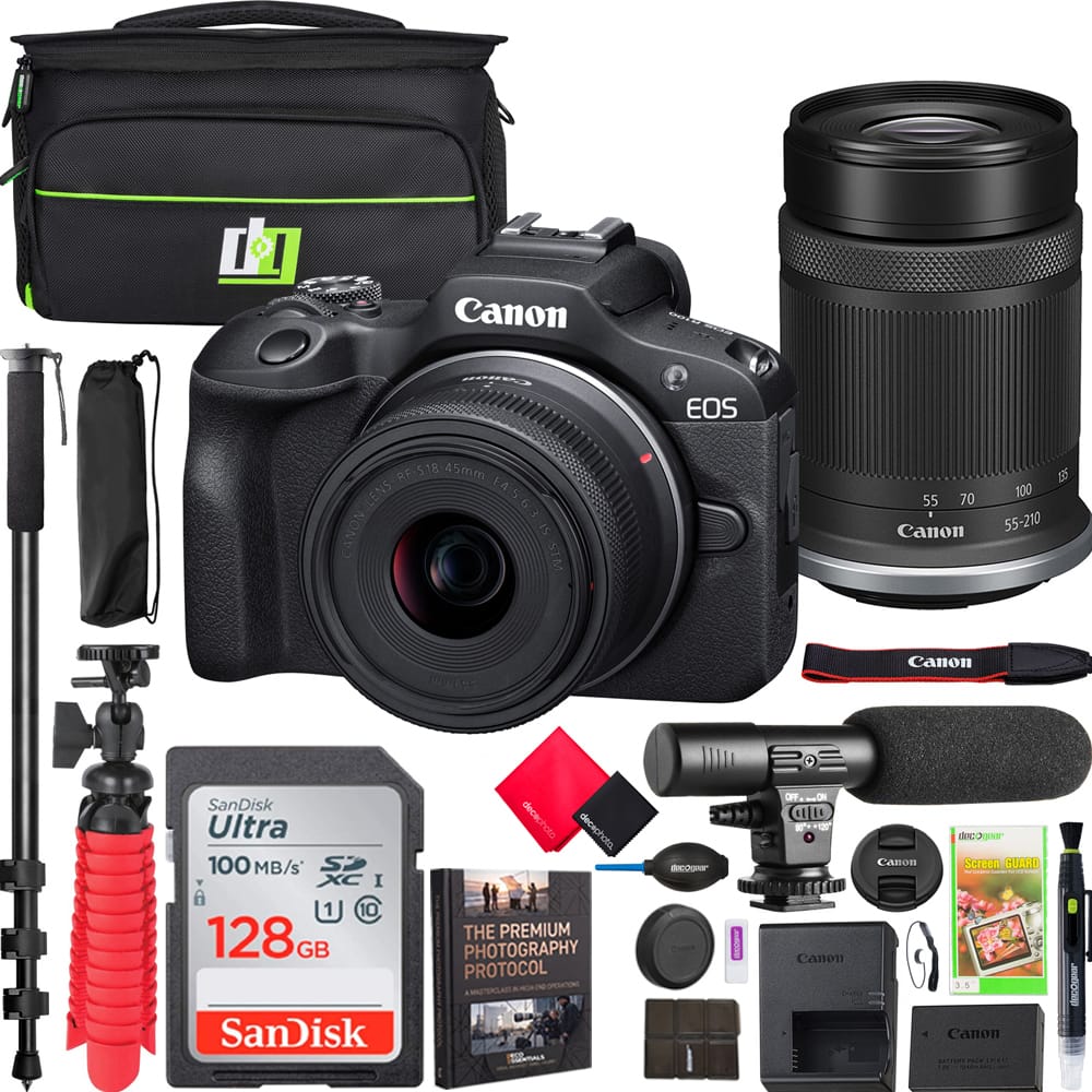 Bundle - Canon - EOS R100 Mirrorless Camera with 2 Lens Kit 18-45mm & 55-210mm Accessory Package - Black