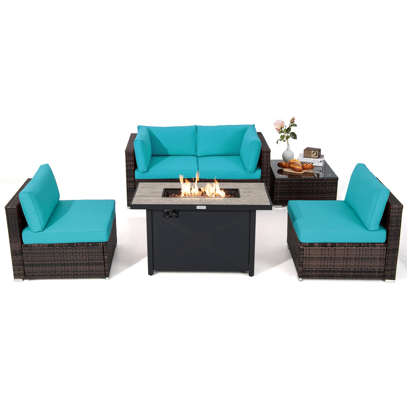 Costway - 6PCS Patio Furniture Set Rattan Cushioned Gas Fire Pit Table - Turquoise