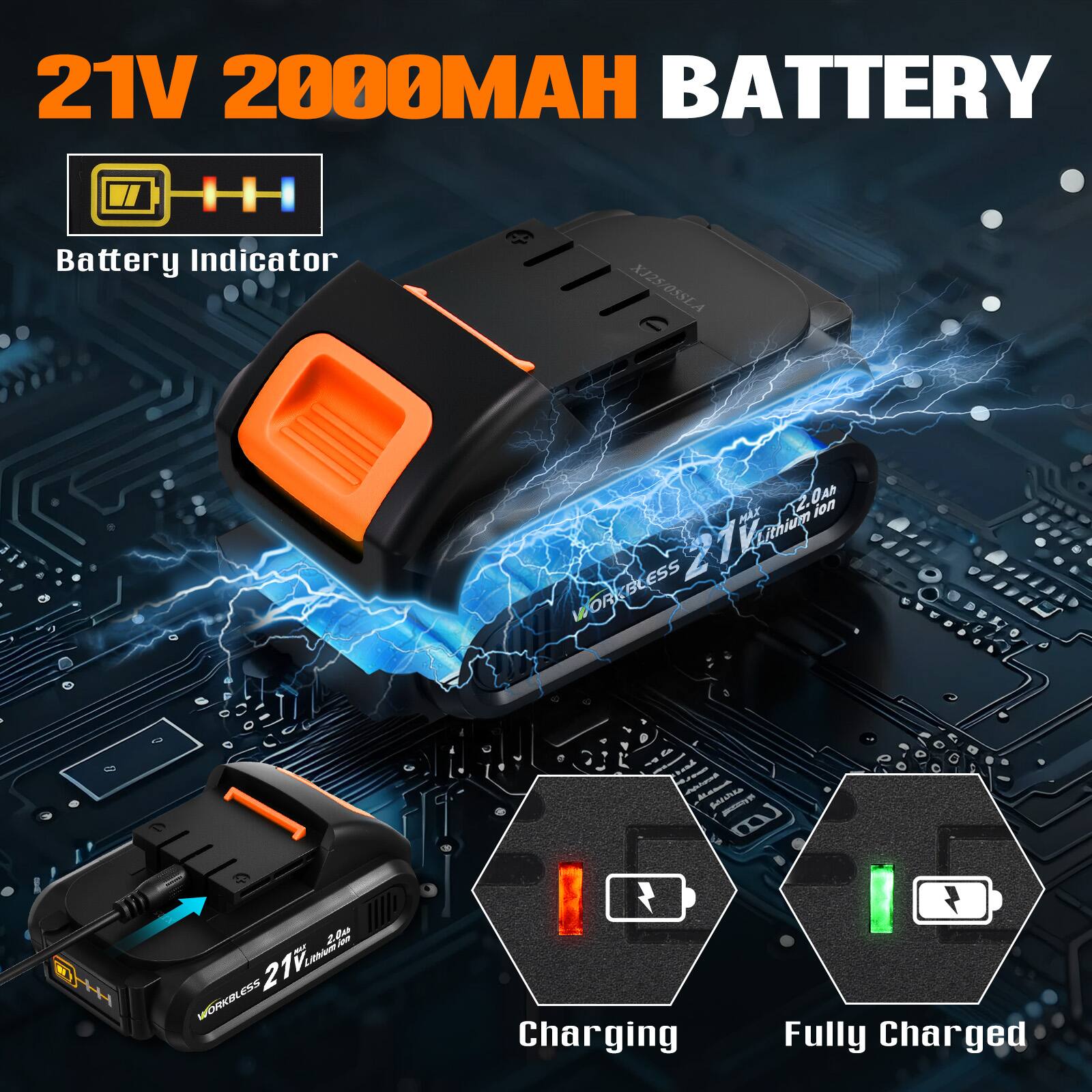 21V 2000MAH BATTERY  
Battery Indicator  
XJ25 OSSLA  
WORKLESS  
Lithium Ion  
Charging  
Fully Charged