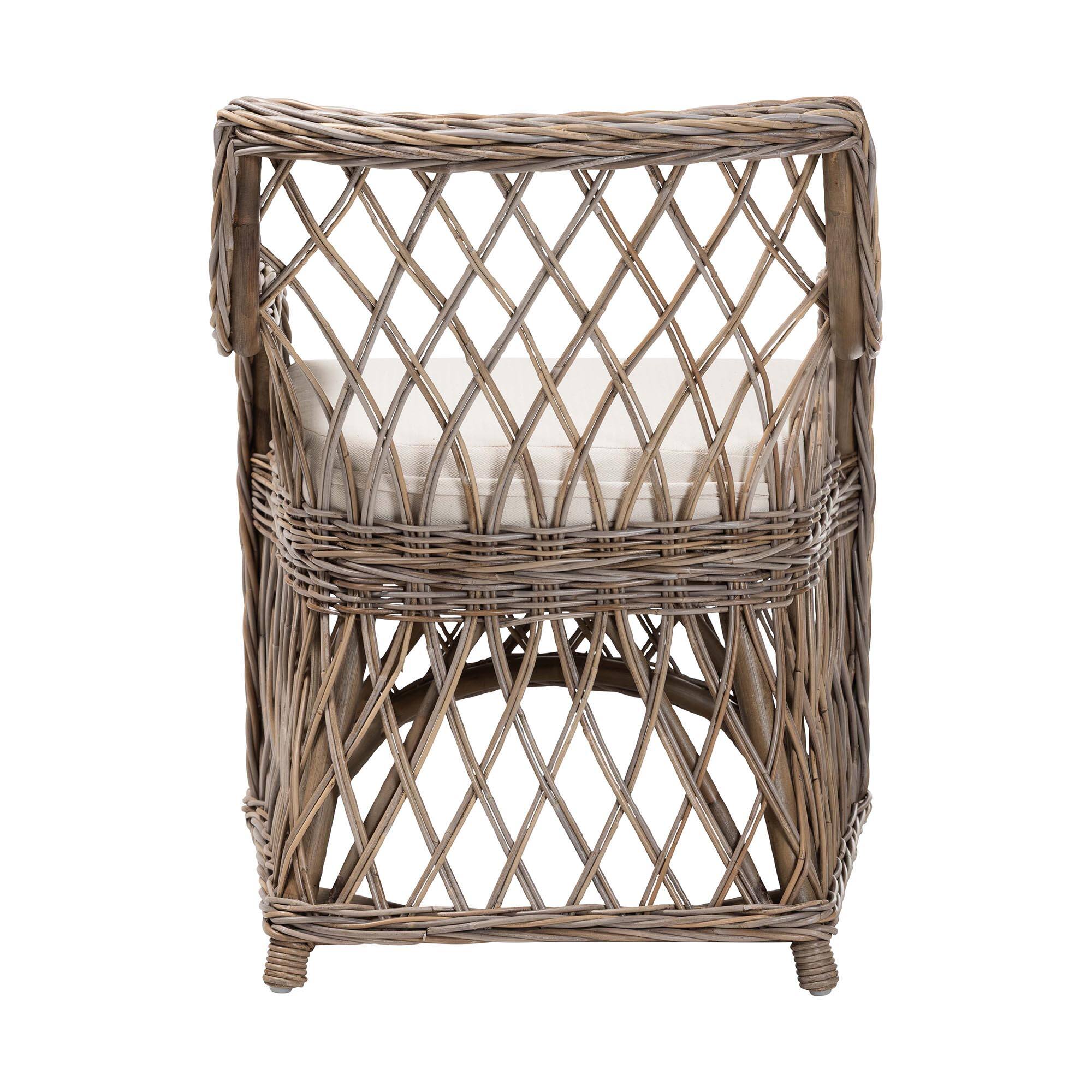 Back. bali & pari - Debra Natural Rattan Armchair – Handwoven Open-Weave Wicker Armchair with Curved Silhouette & Removable Cushion - Kubu Grey.