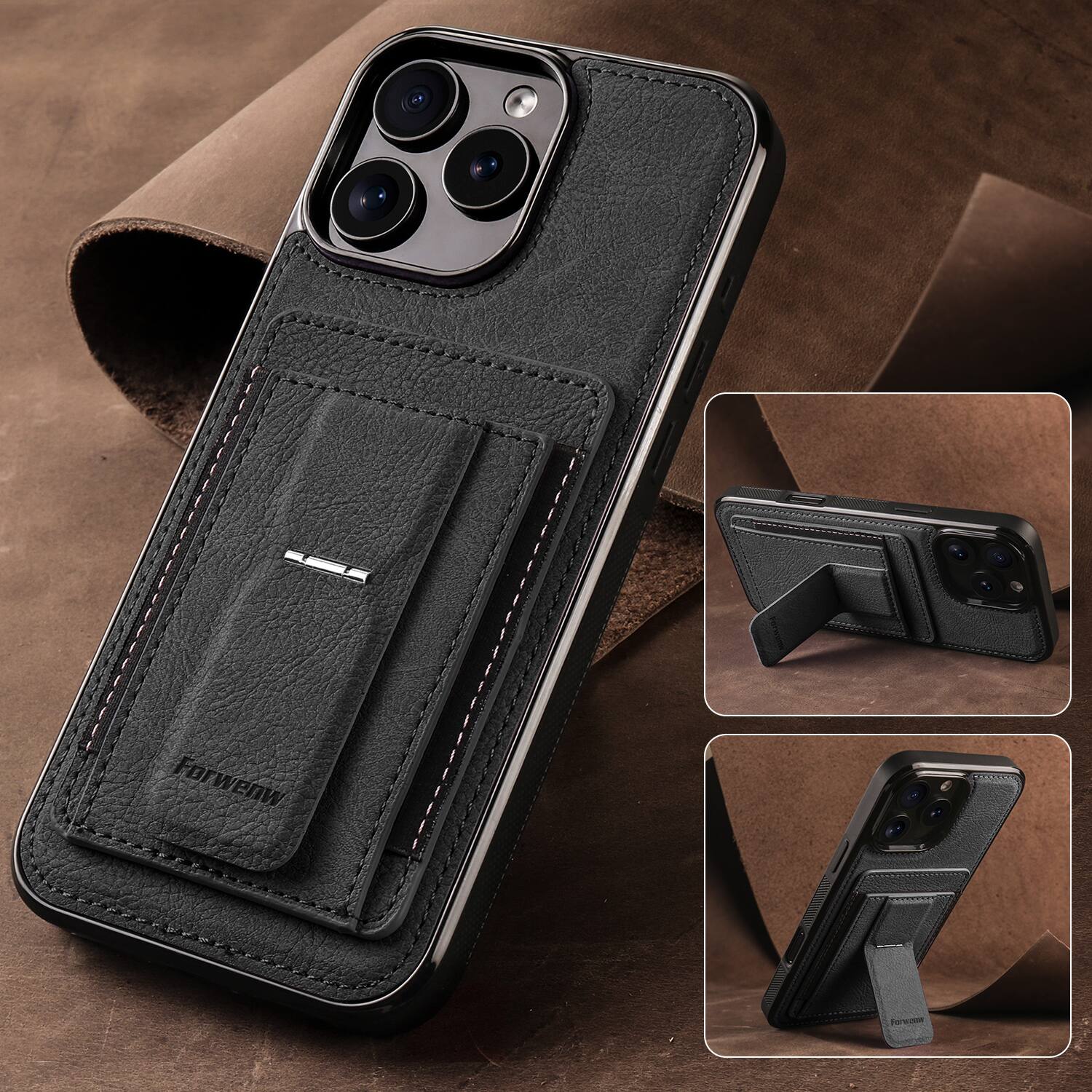 Back. Dteck - Slim Card Holder Case for Apple iPhone 16 Pro Max, Shockproof Wallet Protective Cover with Kickstand - Black.