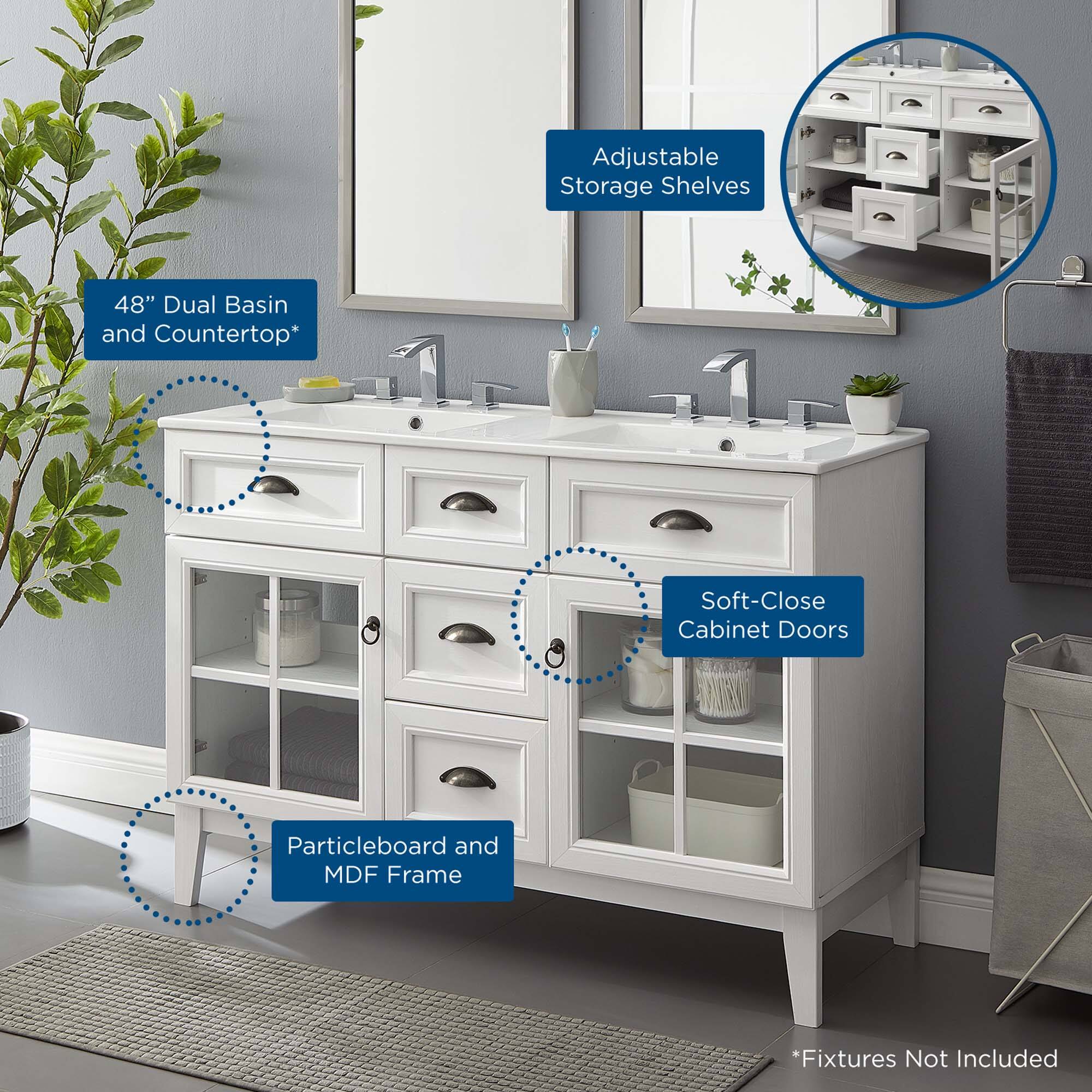 Adjustable Storage Shelves  
48" Dual Basin and Countertop*  
Soft-Close Cabinet Doors  
Particleboard and MDF Frame  
*Fixtures Not Included