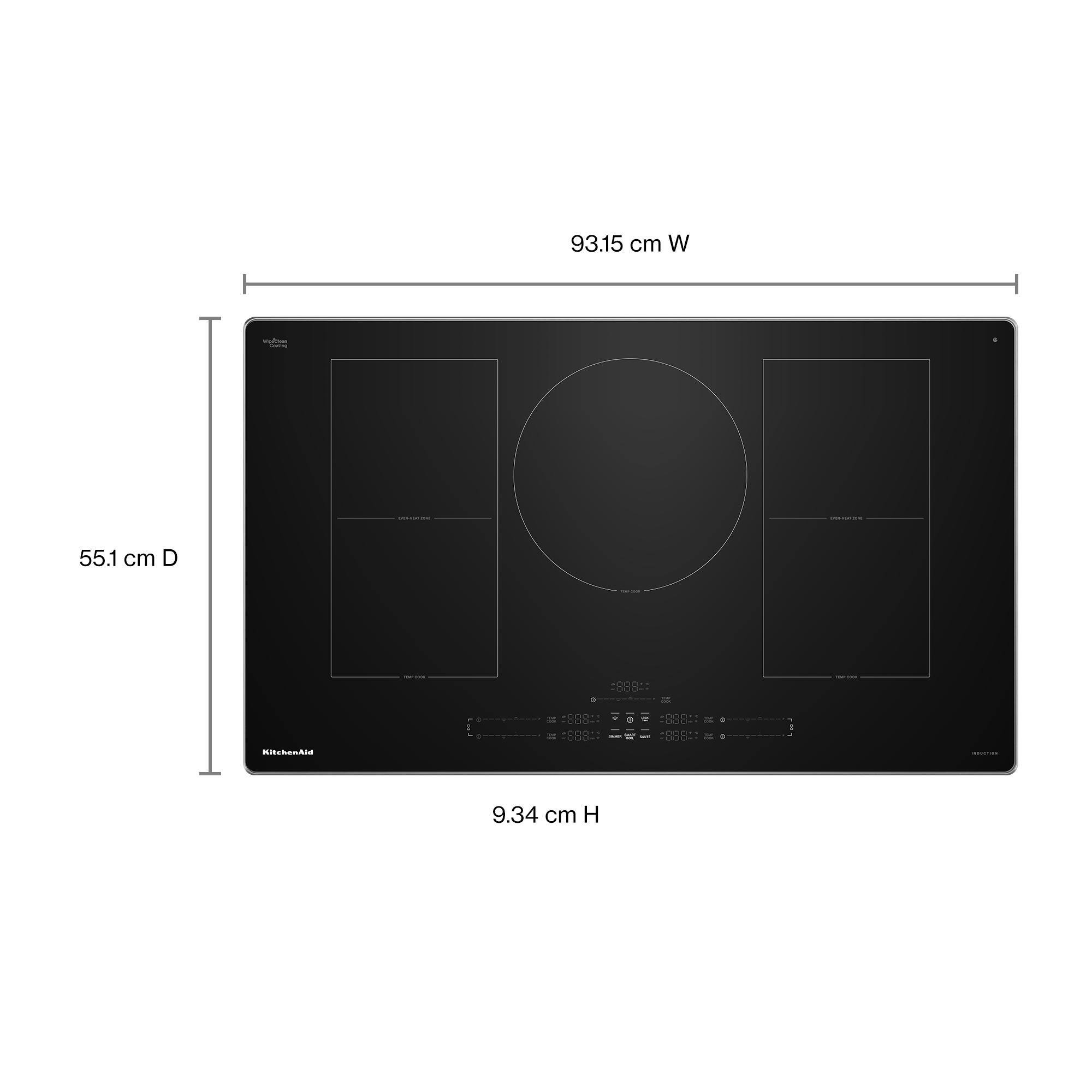The image shows a black oven with a 93.15 cm width and a 55.1 cm depth. The height of the oven is 9.34 cm.