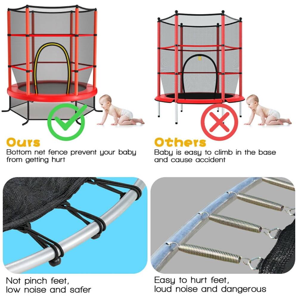 **Ours**

- Bottom net fence prevent your baby from getting hurt
- Not pinch feet, low noise and safer

**Others**

- Baby is easy to climb in the base and cause accident
- Easy to hurt feet, loud noise and dangerous