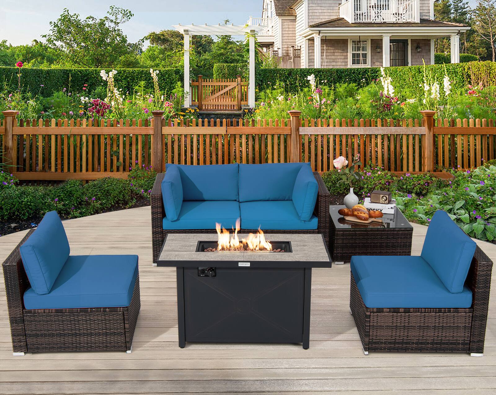Alt View 3. Costway - Costway 6PCS Patio Furniture Set Rattan Cushioned Sofa Gas Fire Pit Table - Navy.