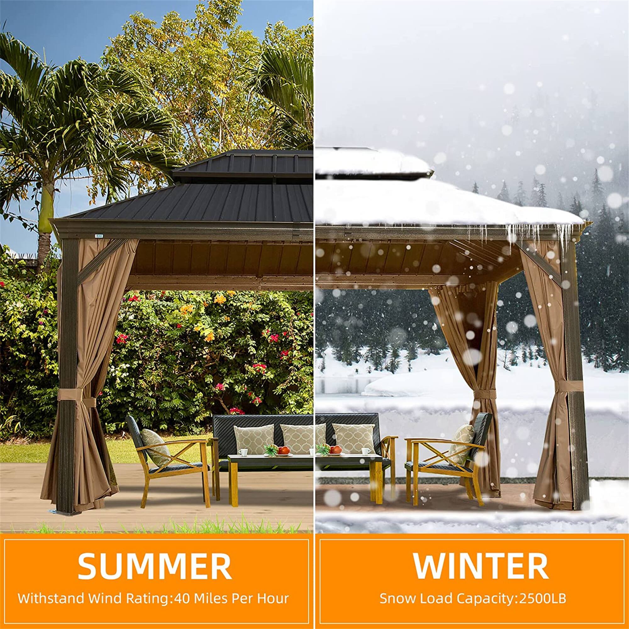 SUMMER  
Withstand Wind Rating: 40 Miles Per Hour  

WINTER  
Snow Load Capacity: 2500LB