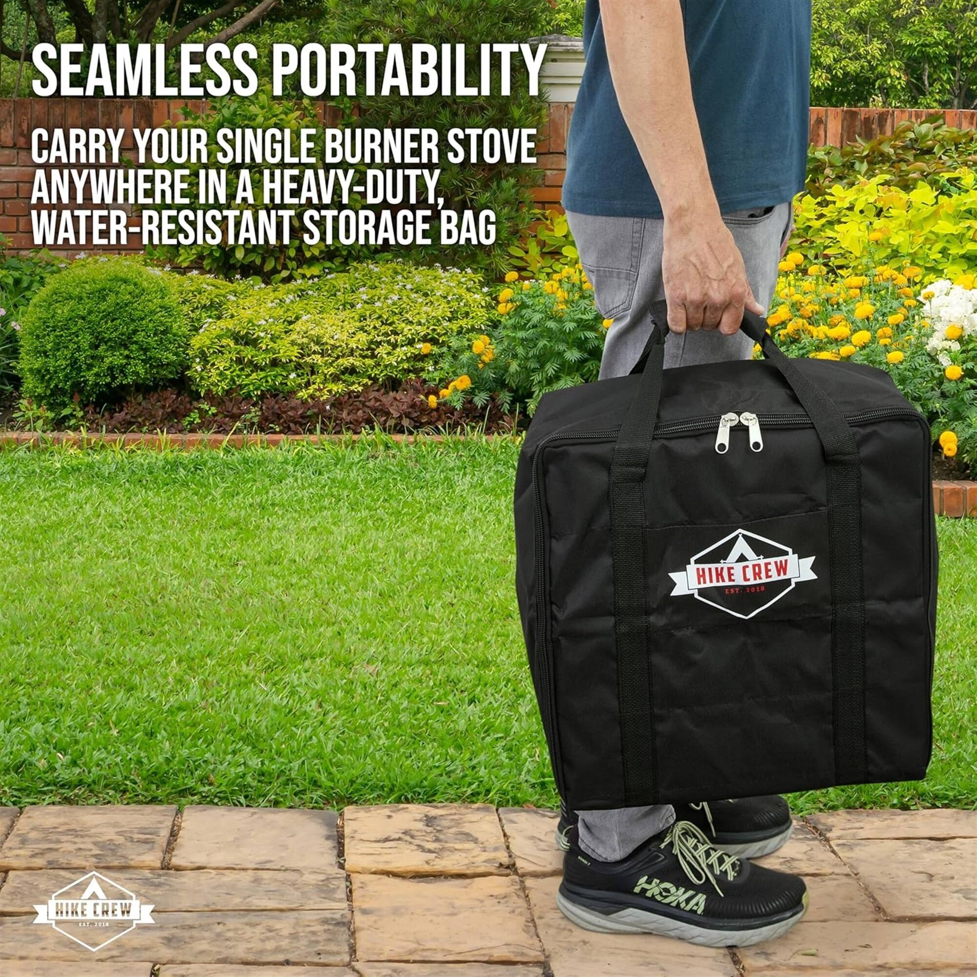SEAMLESS PORTABILITY  
CARRY YOUR SINGLE BURNER STOVE ANYWHERE IN A HEAVY-DUTY, WATER-RESISTANT STORAGE BAG  

HIKE CREW 197.7010 NIKE CREW T HOKA