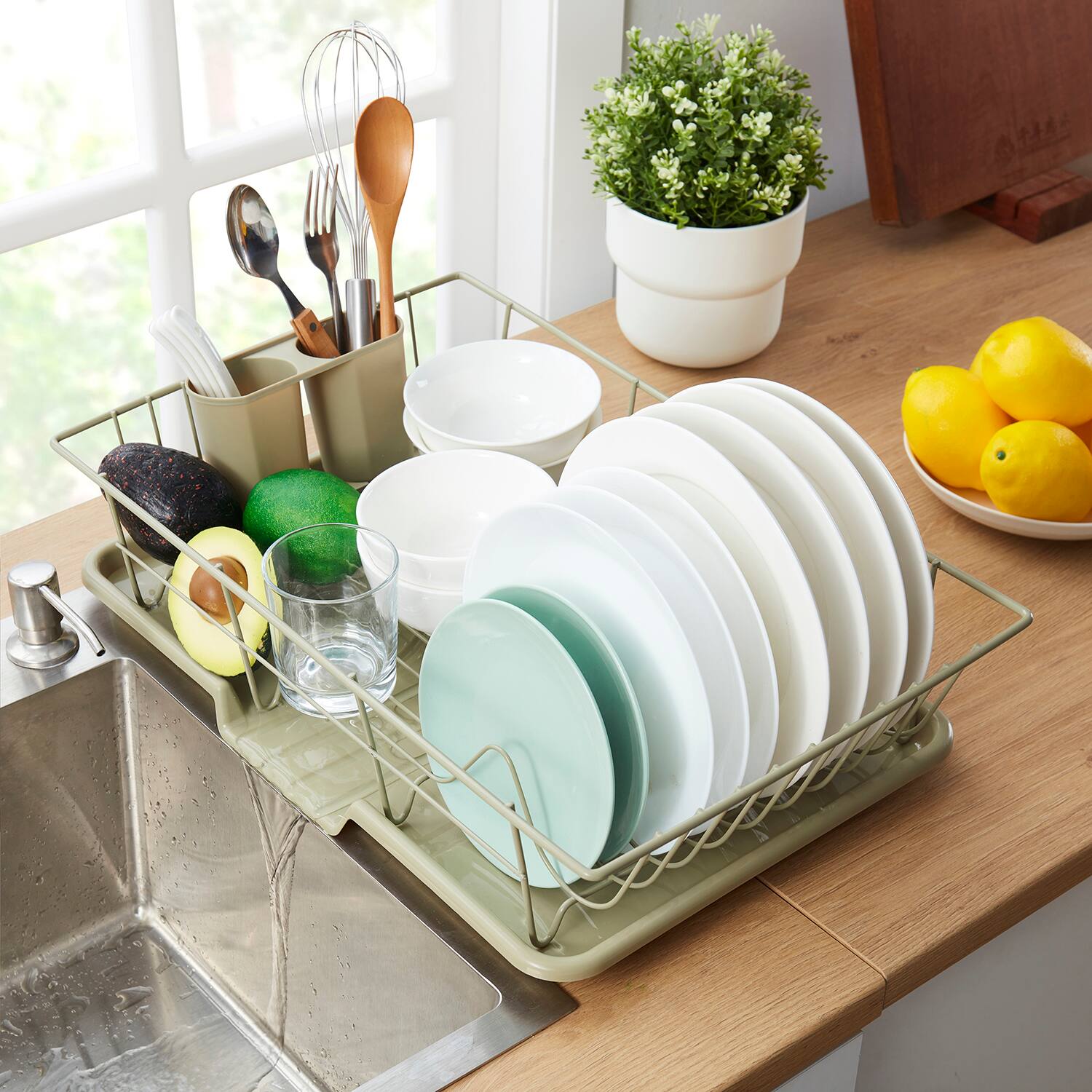 Back. Sweet Home Collection - Steel 3-Piece Large Countertop Dish Drainer with Drain Board & Utensil Holder - Sage.