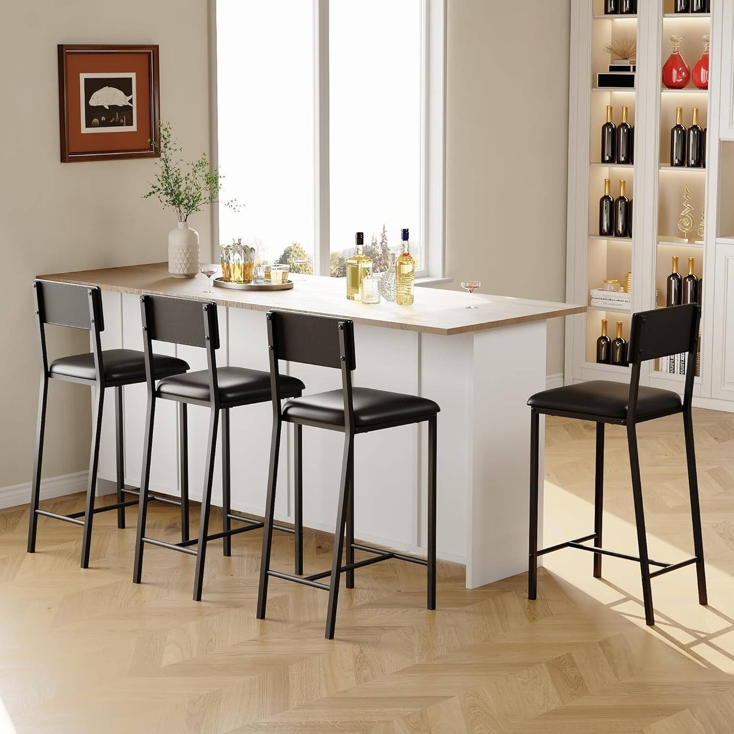 Angle. GARVEE - Bar Stools, Set of 4 Dining Chairs, Kitchen Breakfast Chairs with Upholstered, 26" Tall Counter Bar Stools, Black - Black.