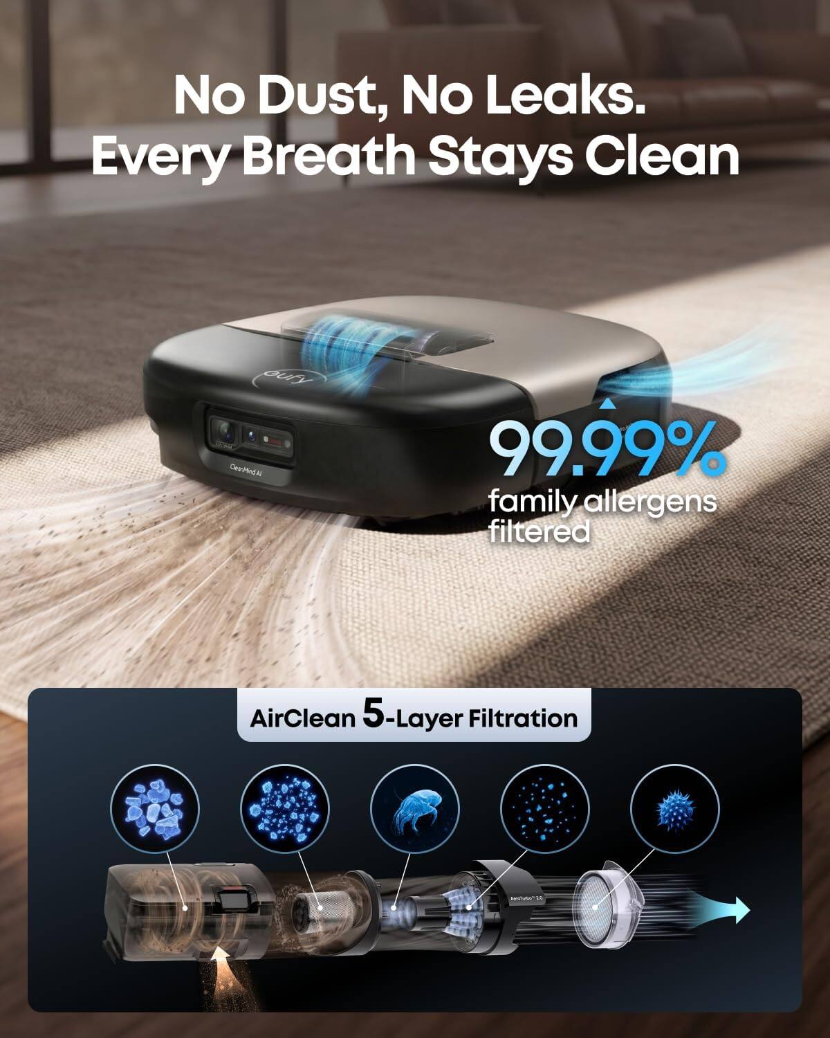 No Dust, No Leaks. Every Breath Stays Clean.  
99.99% family allergens filtered.  
AirClean 5-Layer Filtration.