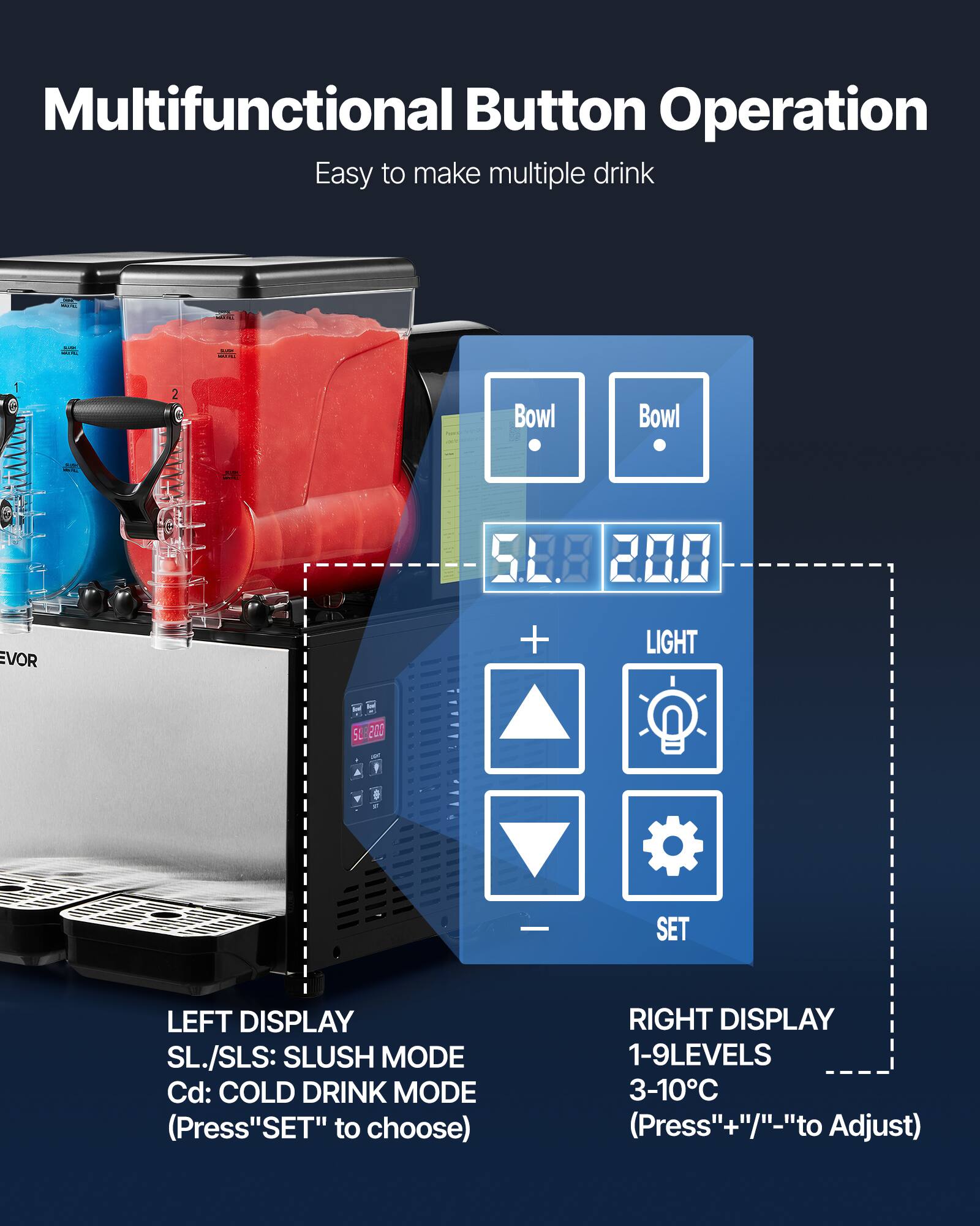 Multifunctional Button Operation  
Easy to make multiple drink  

LEFT DISPLAY  
SL./SLS: SLUSH MODE  
Cd: COLD DRINK MODE (Press "SET" to choose)  

RIGHT DISPLAY  
1-9 LEVELS  
3-10°C (Press "+" or "-" to Adjust)