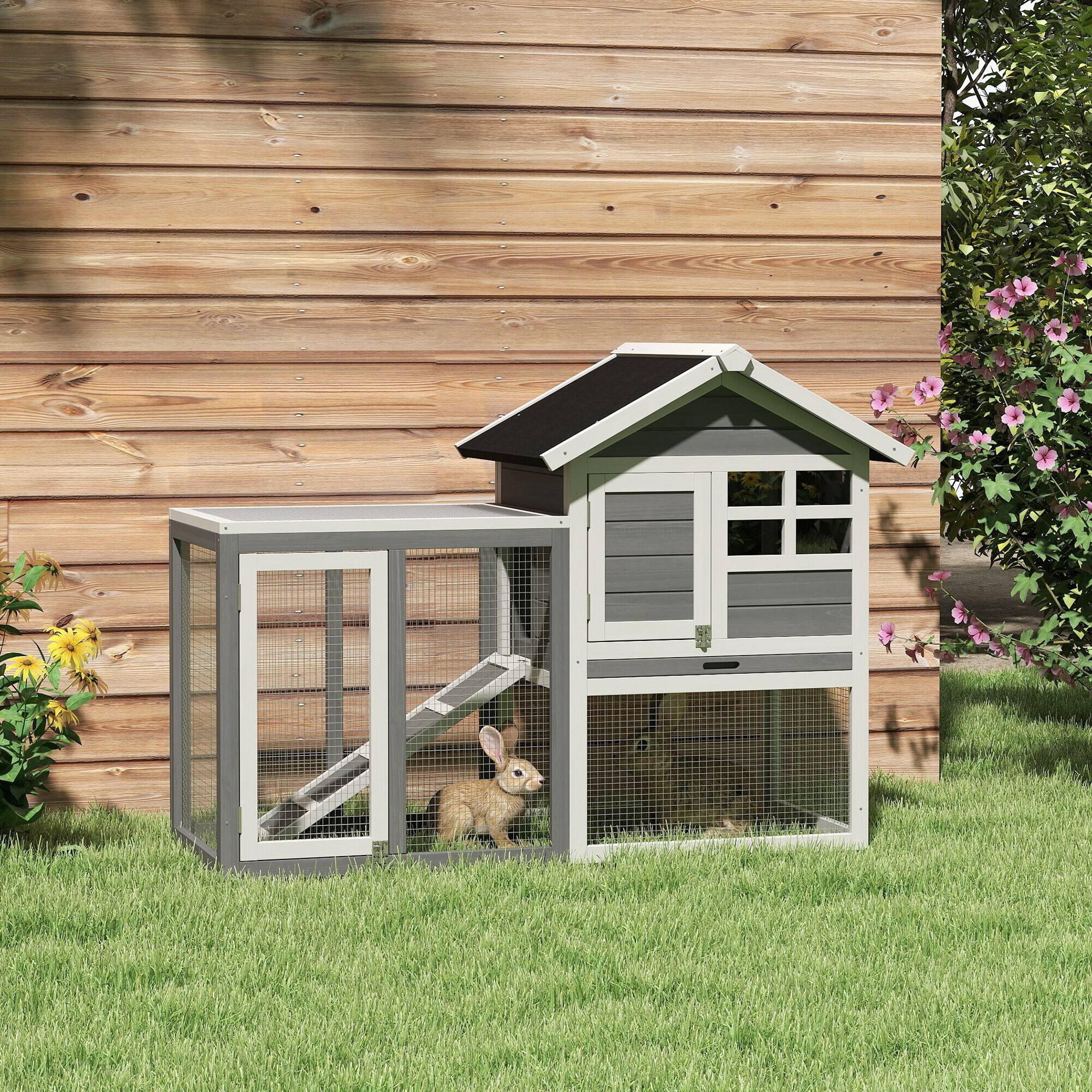 Angle. Pawhut - 48" Wooden Rabbit Hutch Bunny Cage with Waterproof Asphalt Roof, Outdoor Run, Removable Tray, Ramp.