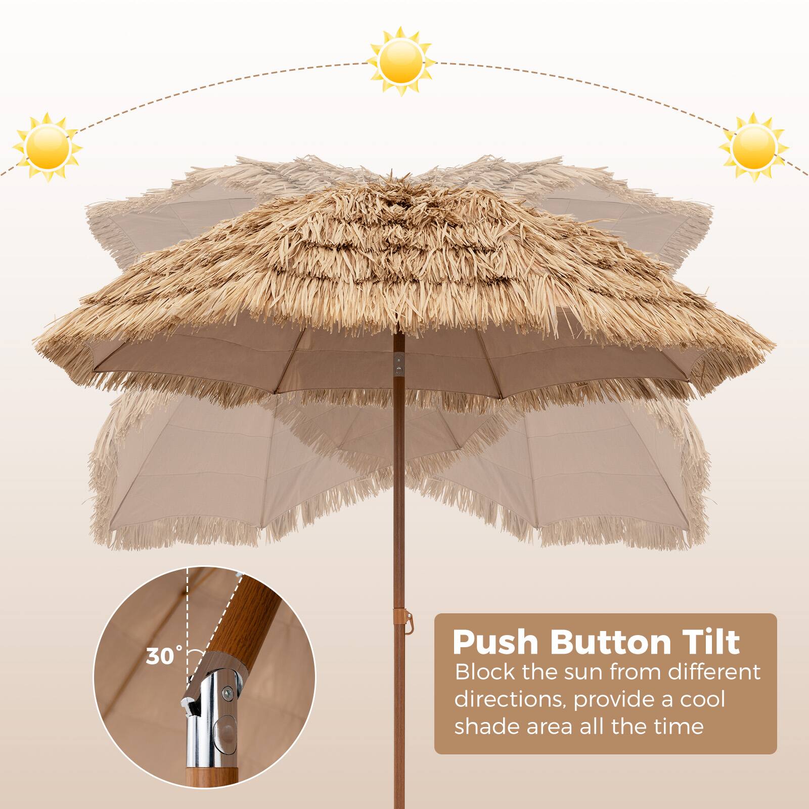 Push Button Tilt  
Block the sun from different directions, provide a cool shade area all the time
