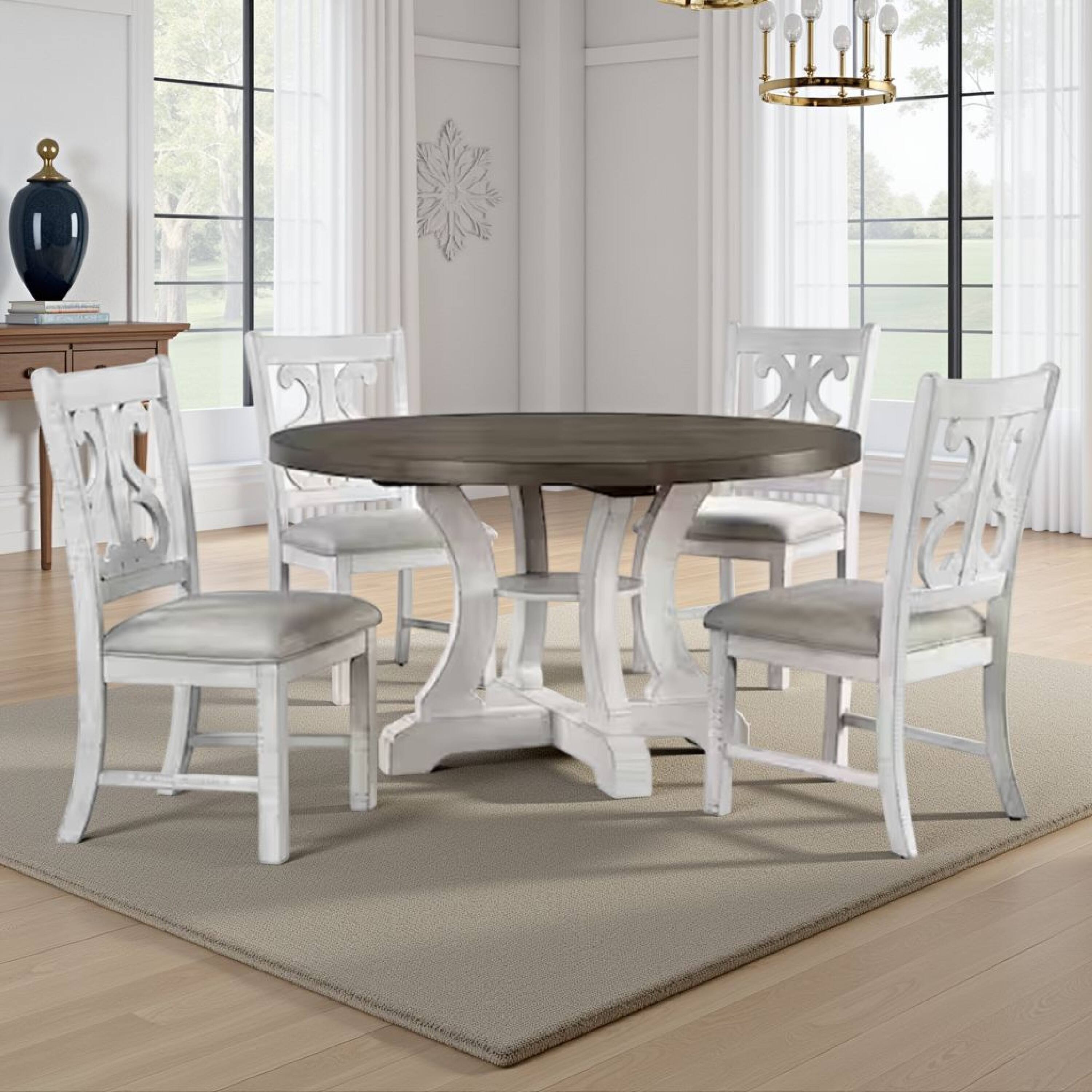 Alt View 5. Manhattan Lane - Eya 5pc Dining Table and Chair Set, Distressed White Wood, Gray Fabric - White, Gray.
