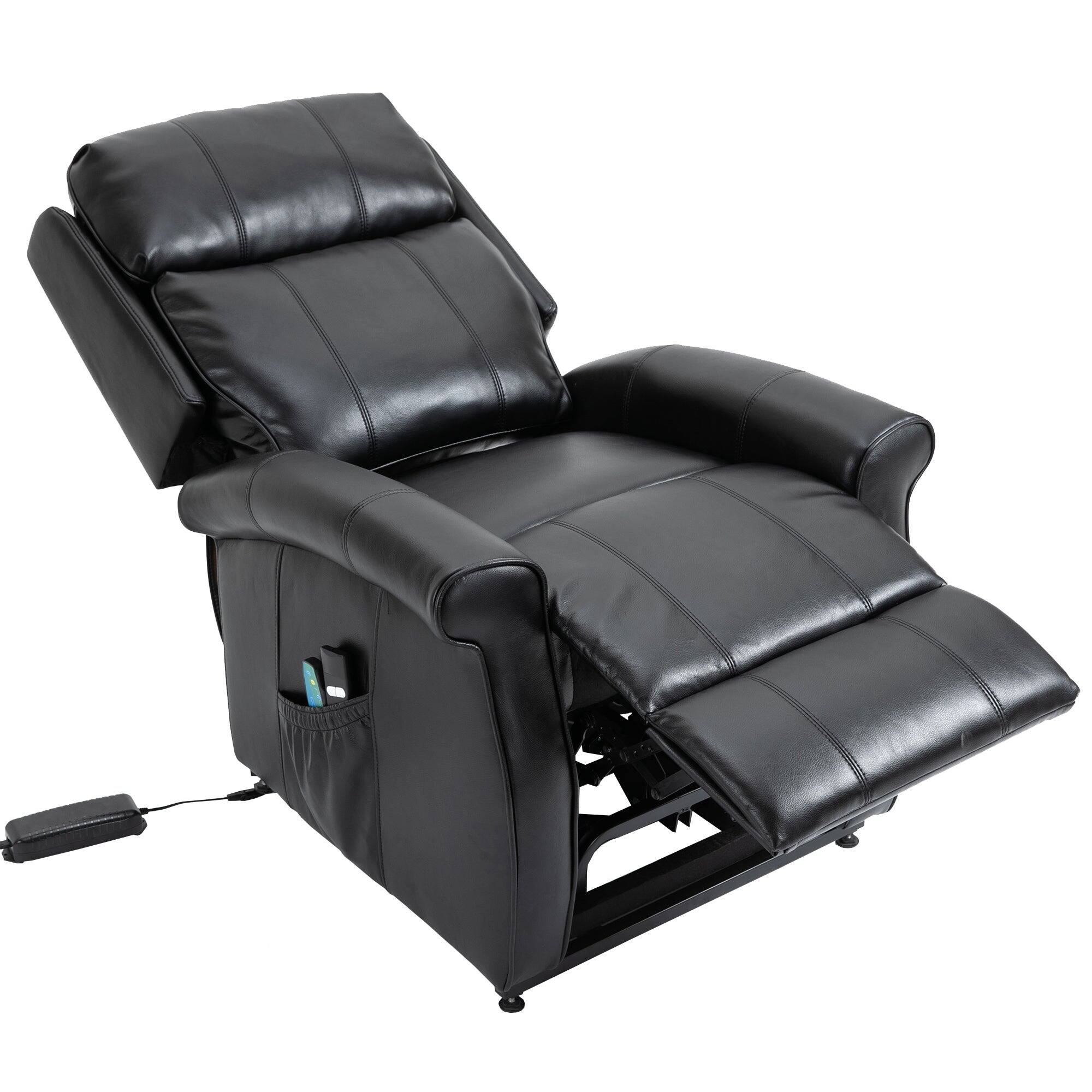 Left. Boyel Living - Faux Leather Elderly Power Lift Recliner 8-Point Massage Reclining Chair with Side Pocket and Remote Control - Black.