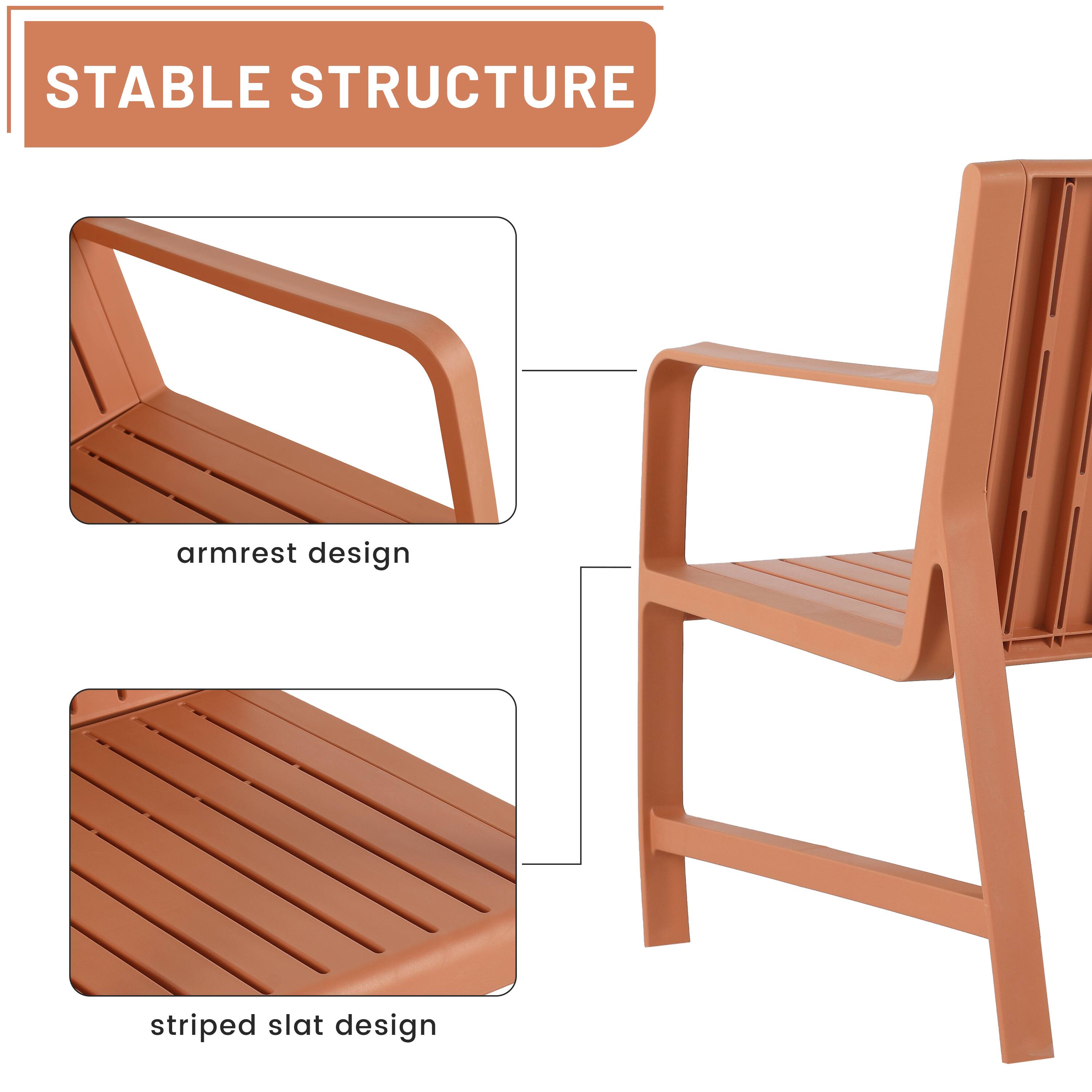 STABLE STRUCTURE  
armrest design  
striped slat design
