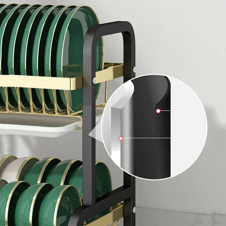 Back. Adivo - 2 tier Dish Drainer Kitchen Counter Dish Rack with Cutlery Holder, Drip Tray - Black and Gold.