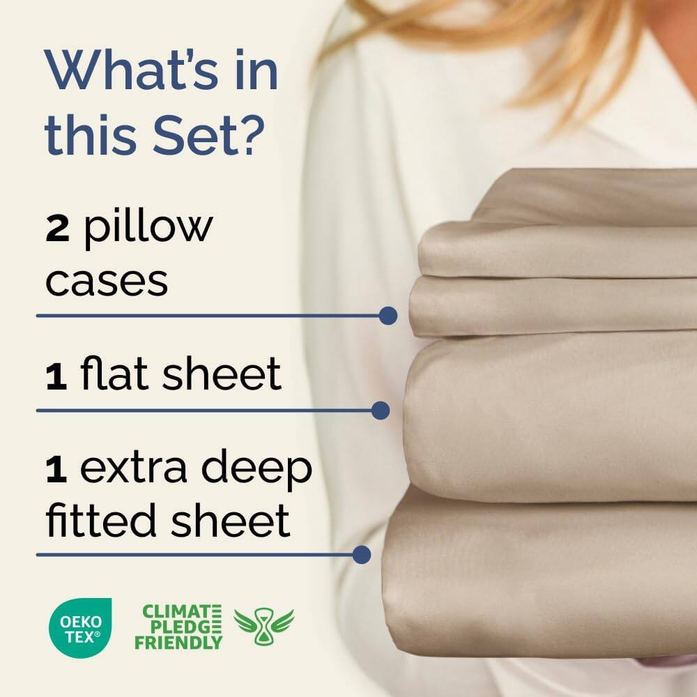 What's in this Set?

- 2 pillow cases
- 1 flat sheet
- 1 extra deep fitted sheet

CLIMATE PLEDGE FRIENDLY

OEKO TEX