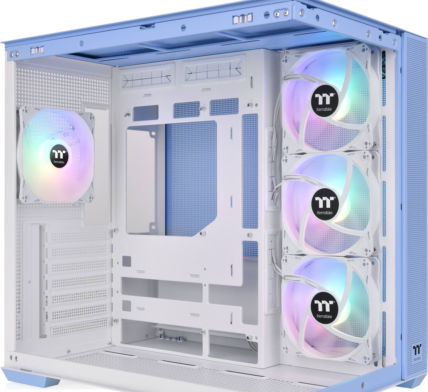 The image shows a blue computer case with two fans and a blue light. The fans are positioned on the right side of the case, and the light is located on the left side. The case is designed to keep the computer cool and efficient.