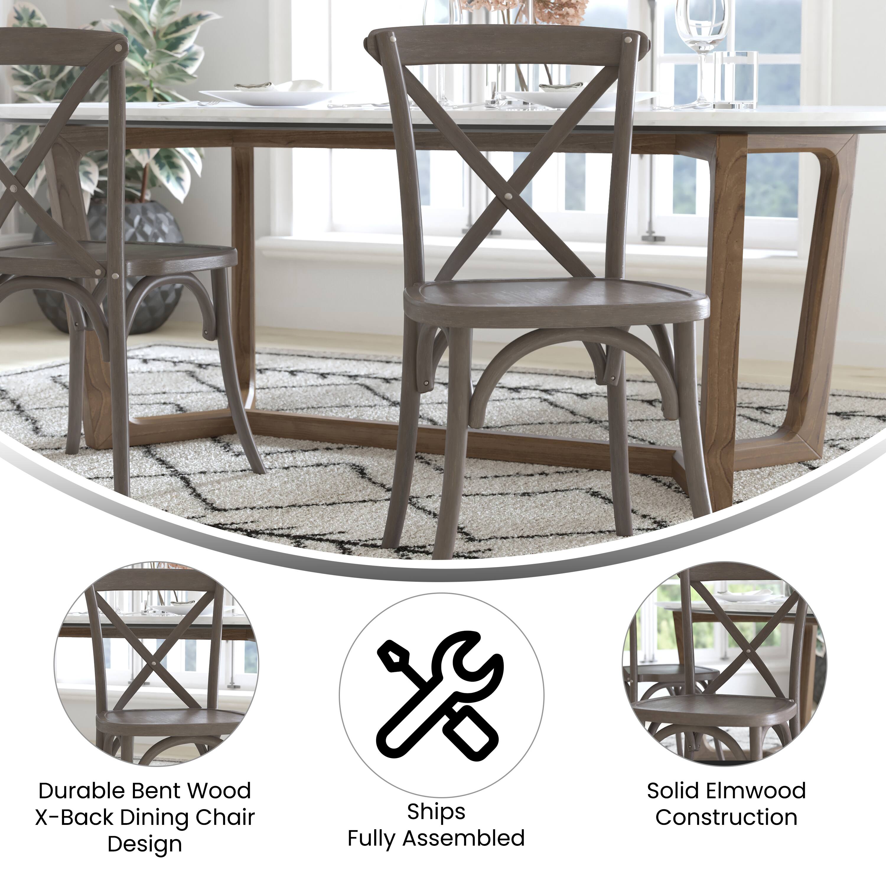 Durable Bent Wood X-Back Dining Chair Design  
Ships Fully Assembled  
Solid Elmwood Construction