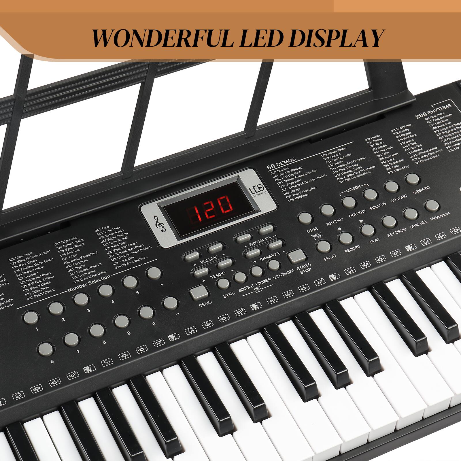 WONDERFUL LED DISPLAY

- 60 DEMOS
- LESSON
- ONE KEY
- FOLLOW
- SUSTAIN
- VIBRATO
- RHYTHM
- DUAL KEY
- METRONOME
- RHYTHM
- RECORO
- VOLUME
- TRANSPOSE
- LED DISPLAY
- 200 RHYTHMS
- 60 DEMOS
- LESSON
- ONE KEY
- FOLLOW
- SUSTAIN
- VIBRATO
- RHYTHM
- DUAL KEY
- METRONOME
- RHYTHM
- RECORO
- VOLUME
- TRANSPOSE
- LED DISPLAY