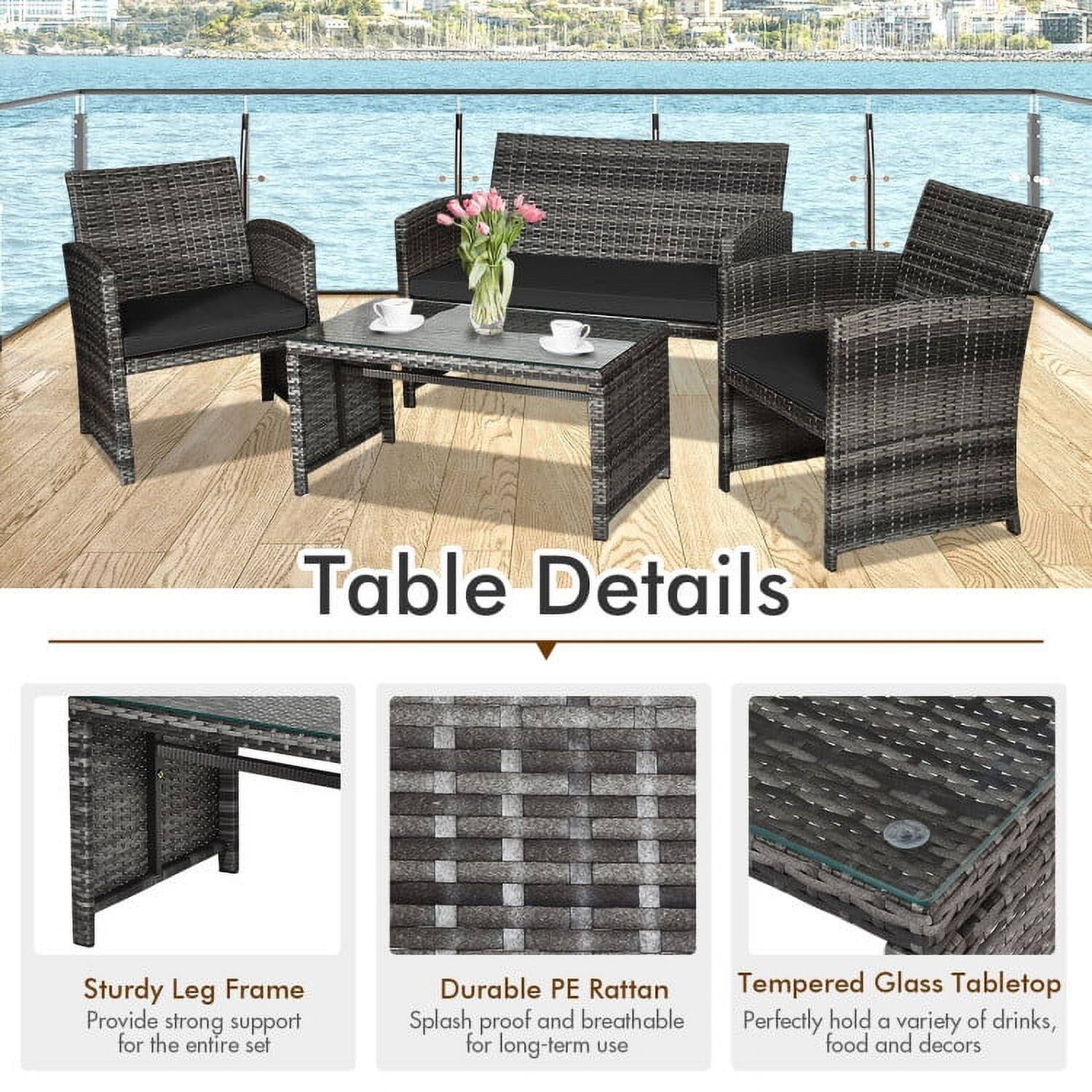 Table Details

- Sturdy Leg Frame: Provide strong support for the entire set
- Durable PE Rattan: Splash proof and breathable
- Tempered Glass Tabletop: Perfectly hold a variety of drinks, food, and decors