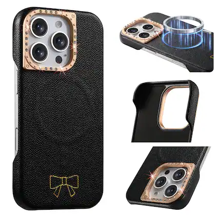 Front. Dteck - Luxury PU Leather Texture Magnetic Case for Apple iPhone 15 Pro Max with Diamond Lens Border, Shockproof Hard PC Cover - Black.