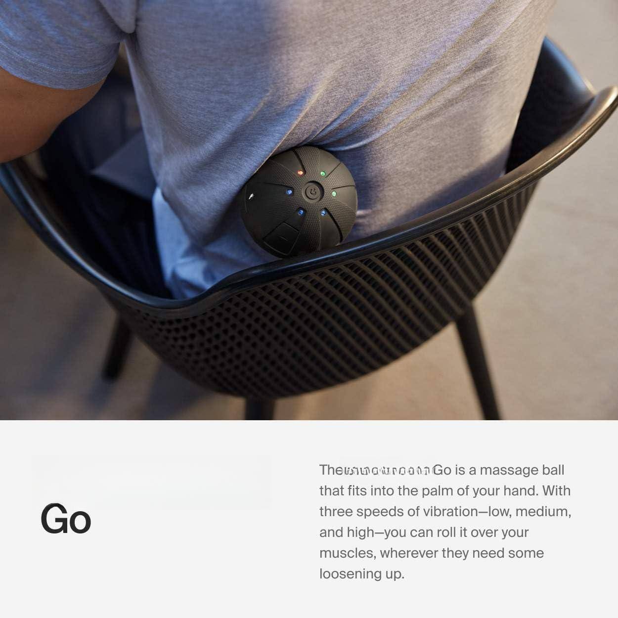 The TheraGun Go is a massage ball that fits into the palm of your hand. With three speeds of vibration—low, medium, and high—you can roll it over your muscles, wherever they need some loosening up.