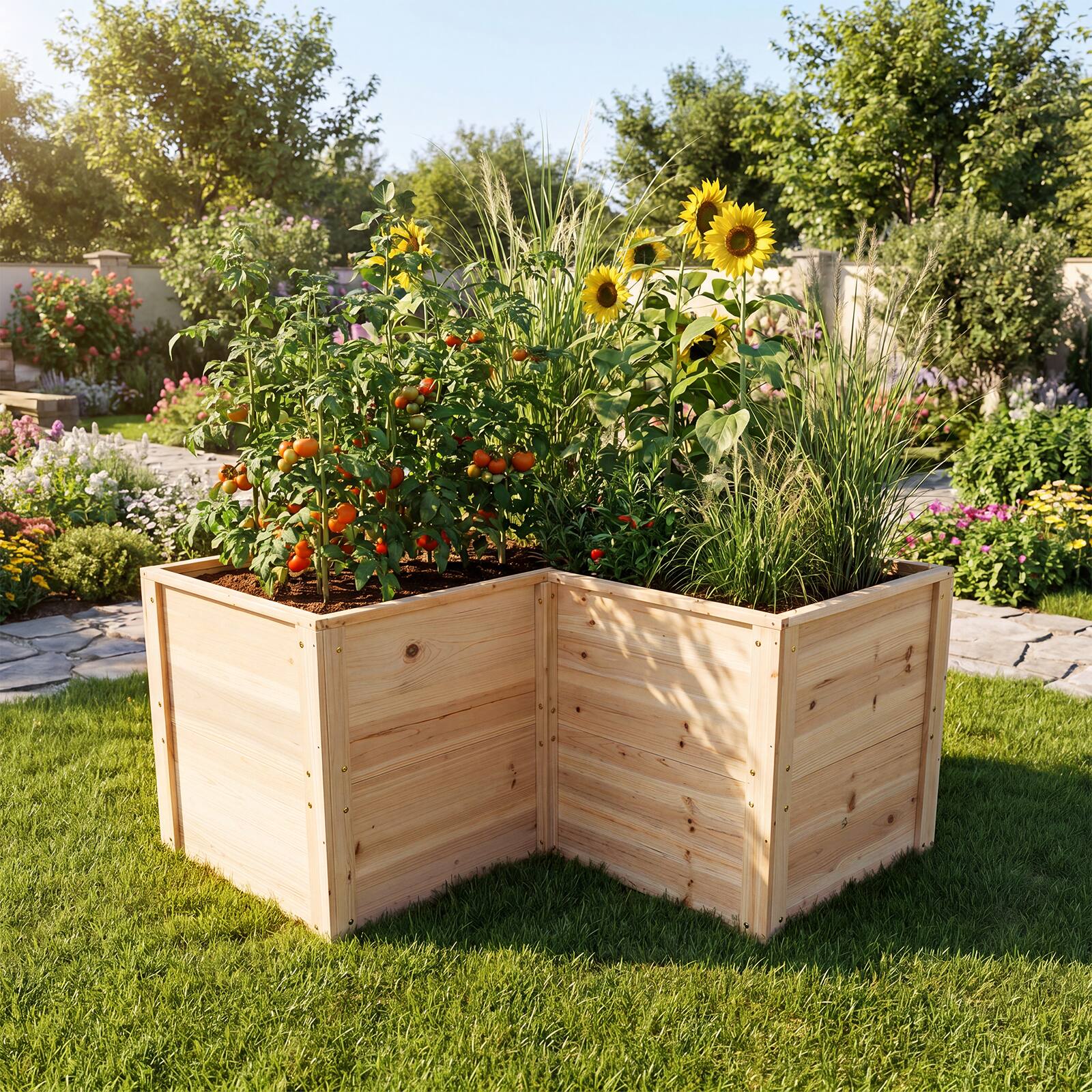 Alt View 4. Costway - 24'' L-Shaped Deep Root Planter Box Wooden Raised Garden Bed with Open-Ended Base - Natural.