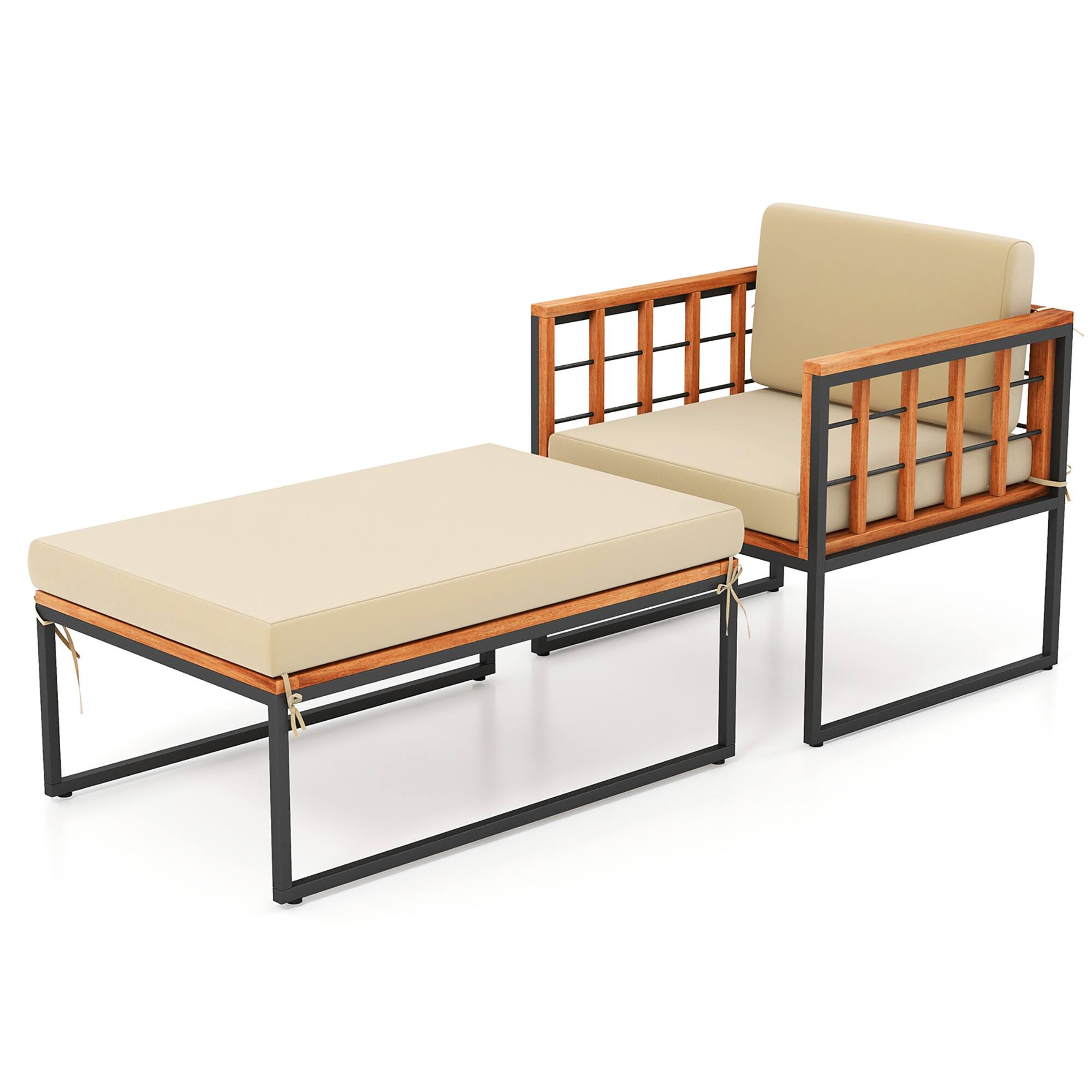 Alt View 8. Gymax - Gymax Outdoor Chaise Lounge Chair Acacia Wood Heavy Duty 1200 lbs Weight Capacity - Beige.