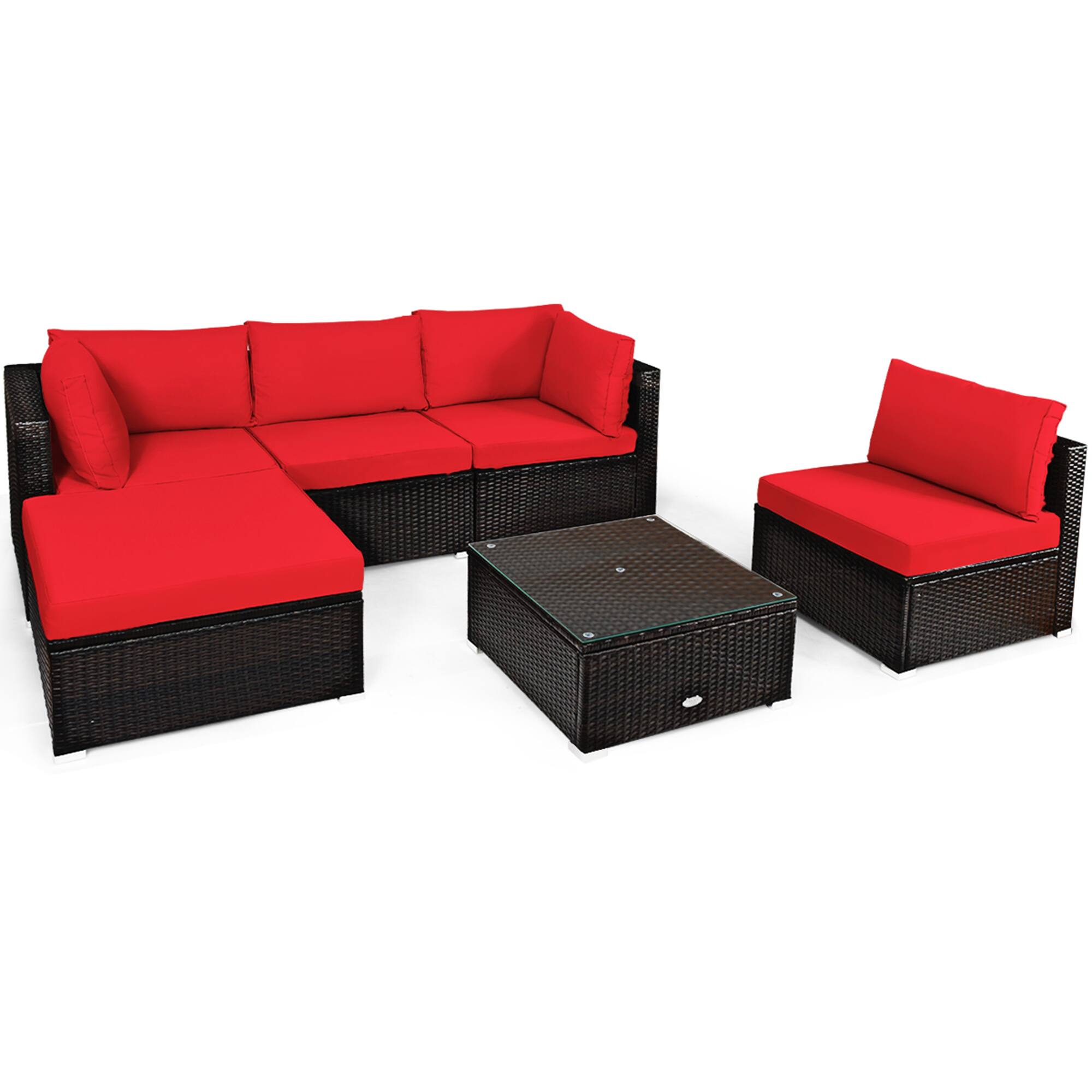 Alt View 9. Gymax - Gymax 6PCS Rattan Patio Sectional Sofa Set Outdoor Furniture Set w/ Red Cushions - Red.