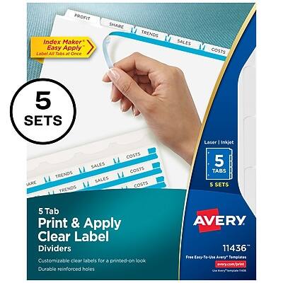 PROFIT  
SHARE  
TRENDS  
SALES  
COSTS  

Index Maker Easy Apply  
Label AM Tabs at Once  

5 SETS  

Laser | Inkjet  
5 TABS  
5 SETS  

5 Tab Print & Apply Clear Label Dividers  
Customizable clear labels for a printed-on look  
Durable reinforced holes  

AVERY  
11436  

Free Easy-To-Use Avery Templates