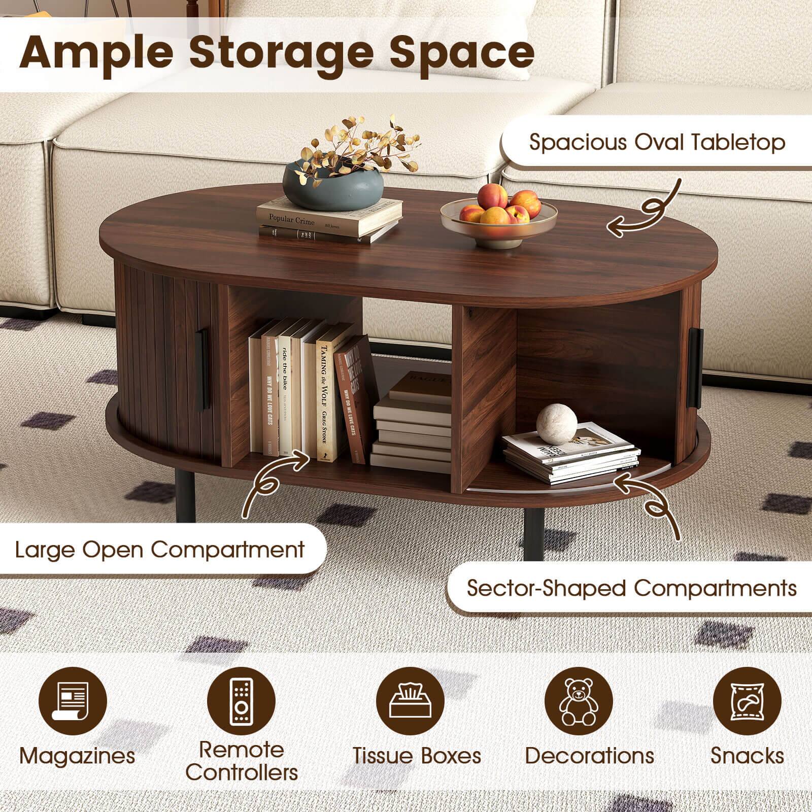 Ample Storage Space: This coffee table offers a variety of storage options, including a large open compartment and sector-shaped compartments.

Spacious Oval Tabletop: The tabletop is spacious and oval-shaped, providing ample room for placing items on top.

Popular Crime: The coffee table is designed to hold a variety of items, including popular crime novels, magazines, remote controls, and snacks.

Large Open Compartment: The table features a large open compartment that can be used to store items like books, magazines, or remote controls.

Sector-Shaped Compartments: The coffee table also has sector-shaped compartments that can be used to organize smaller items, such as tissue boxes or decorations.

Magazines: The table is designed to hold magazines, making it a convenient place to keep up with the latest news and trends.

Remote Controllers: The coffee table can also be used to store remote controls, keeping them easily accessible and organized.

Tissue Boxes: The table has compartments that can be used to store tissue boxes, ensuring that they are always within reach.

Decorations: The coffee table can be used to display decorative items, such as vases or bowls of fruit, adding a touch of style to the living space.

Snacks: The table is designed to hold snacks, making it a convenient place to store and enjoy treats while relaxing in the living room.