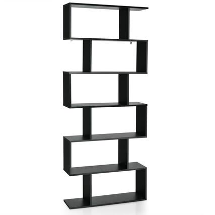 Front. Gymax - Gymax 6 Tier S-Shaped Bookshelf Storage Display Bookcase Decor Z-Shelf Black - Black.