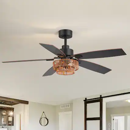 Front. Breezary - 52-in Ceiling Fan with Two-Tier Rattan Basket Shade, Dual-finish blades, Timer, DC Motor, Remote & 6″ Downrod - Black and Deep Walnut.