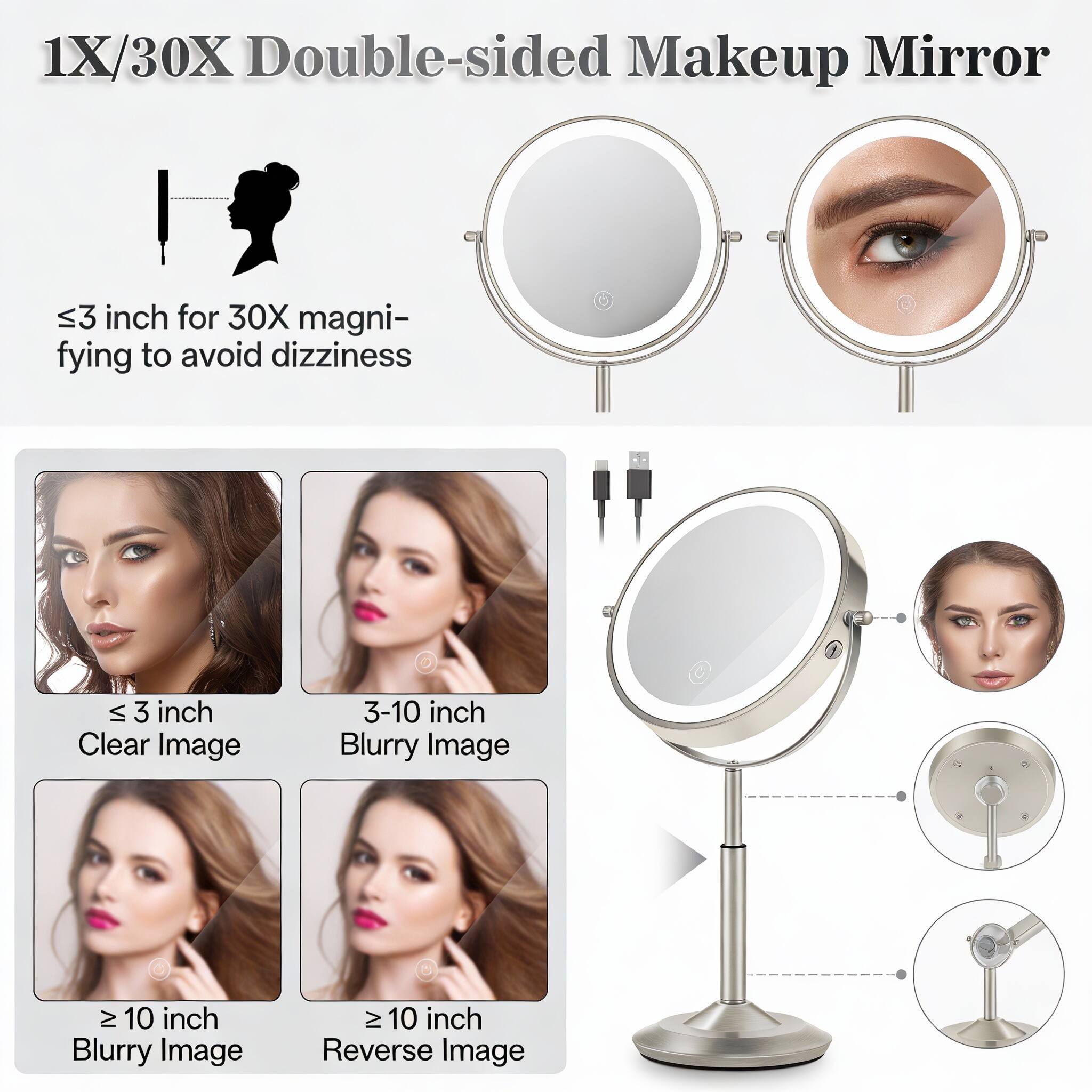 1X/30X Double-sided Makeup Mirror

≤3 inch for 30X magnifying to avoid dizziness

≤ 3 inch Clear Image

3-10 inch Blurry Image

≥ 10 inch Blurry Image

≥ 10 inch Reverse Image