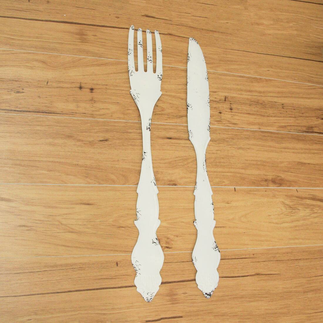 Alt View 3. Zeckos - 30 In Large Utensil Wall Art Decorative Knife Fork Farmhouse Kitchen Set of 2 - White.