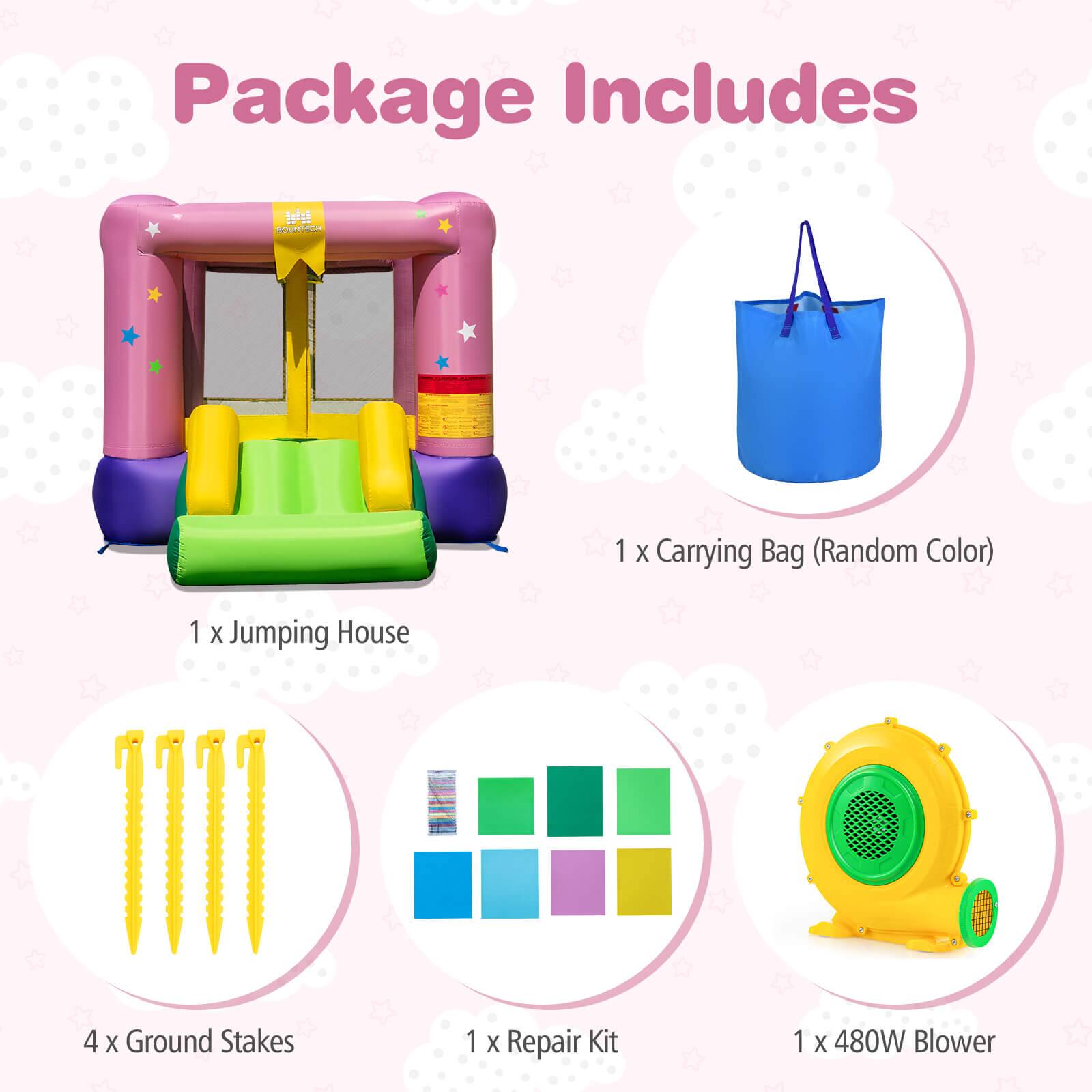 Package Includes

1 x Carrying Bag (Random Color)

1 x Jumping House

4 x Ground Stakes

1 x Repair Kit

1 x 480W Blower
