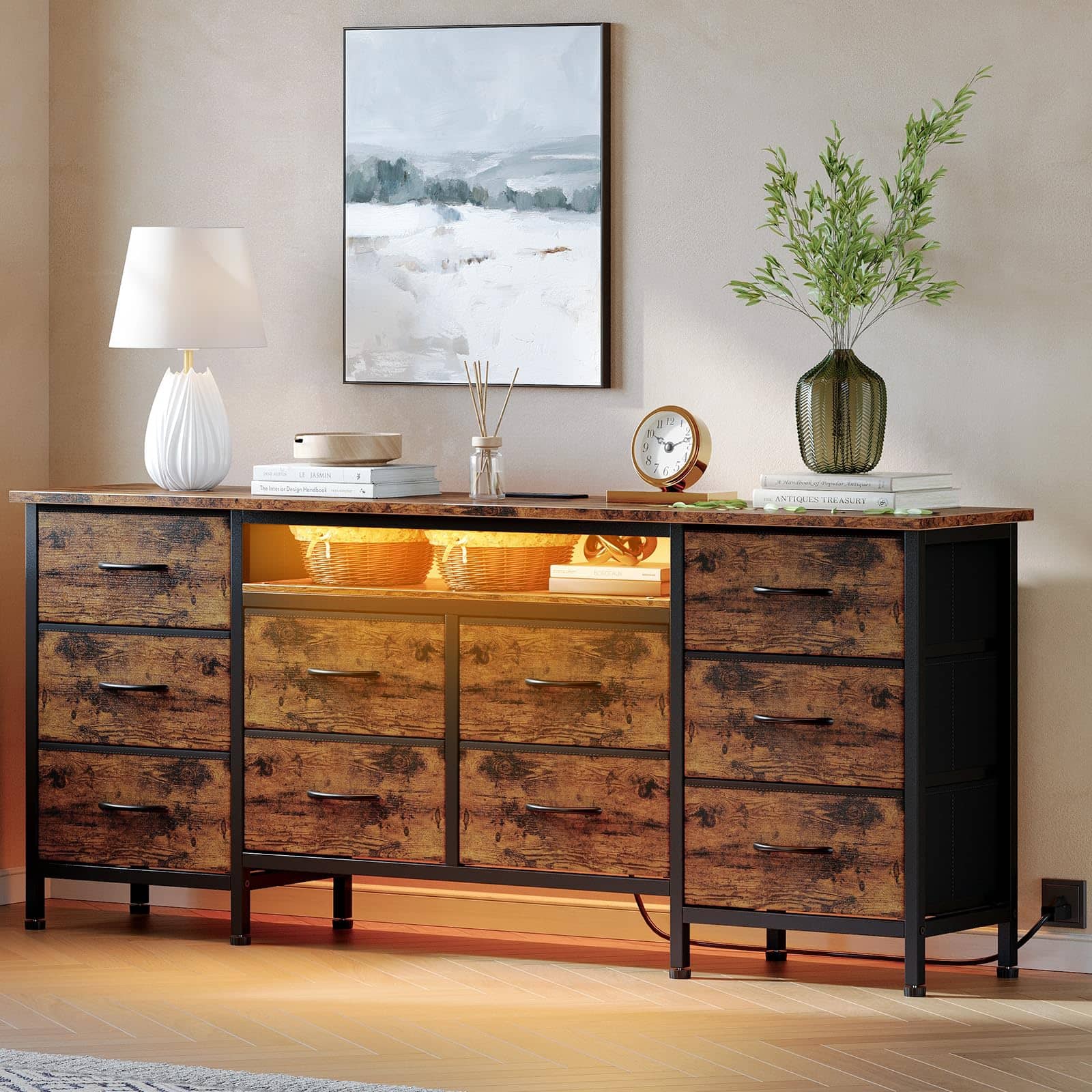 Qeetex - 63-Inch Wide Dresser with 10 Fabric Drawers, Doubles TV Stand for 65-75 Inch TVs - Features Anti-Tip Safety - Brown